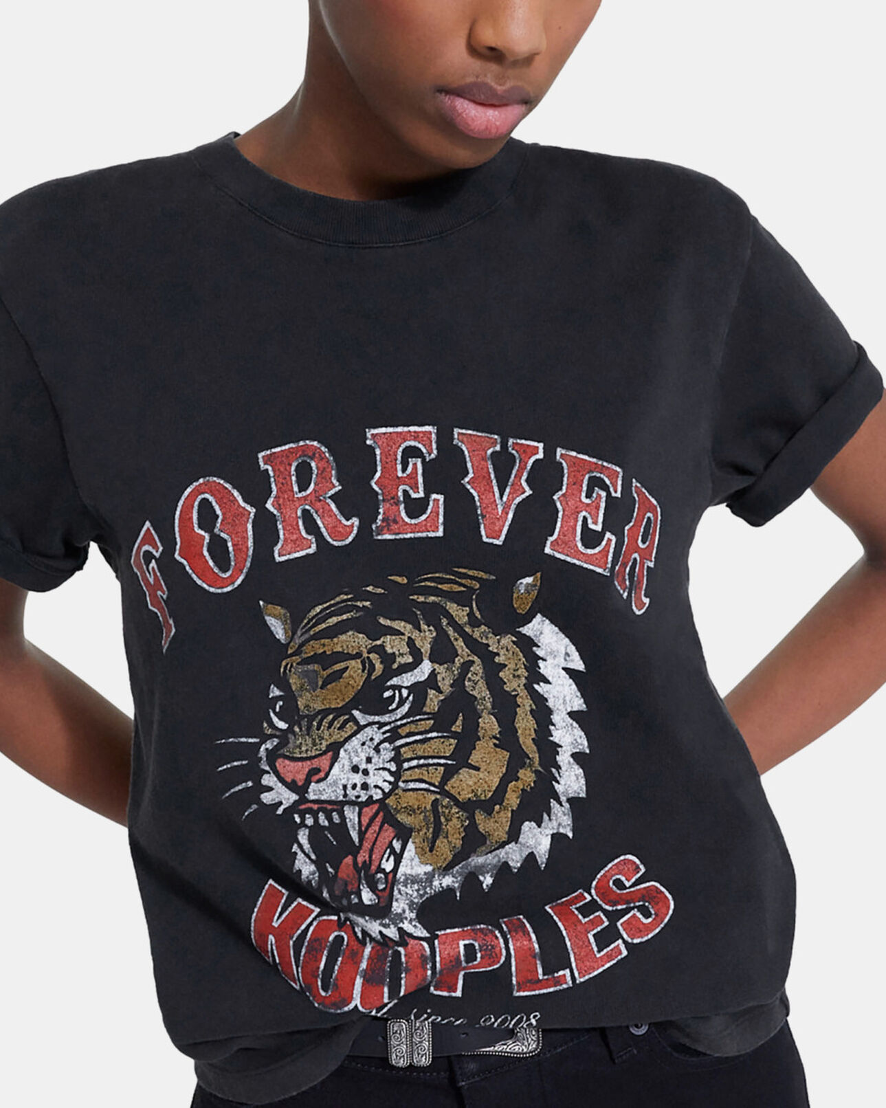 The Kooples WOMEN BLACK WASHED black t-shirt with screen print
