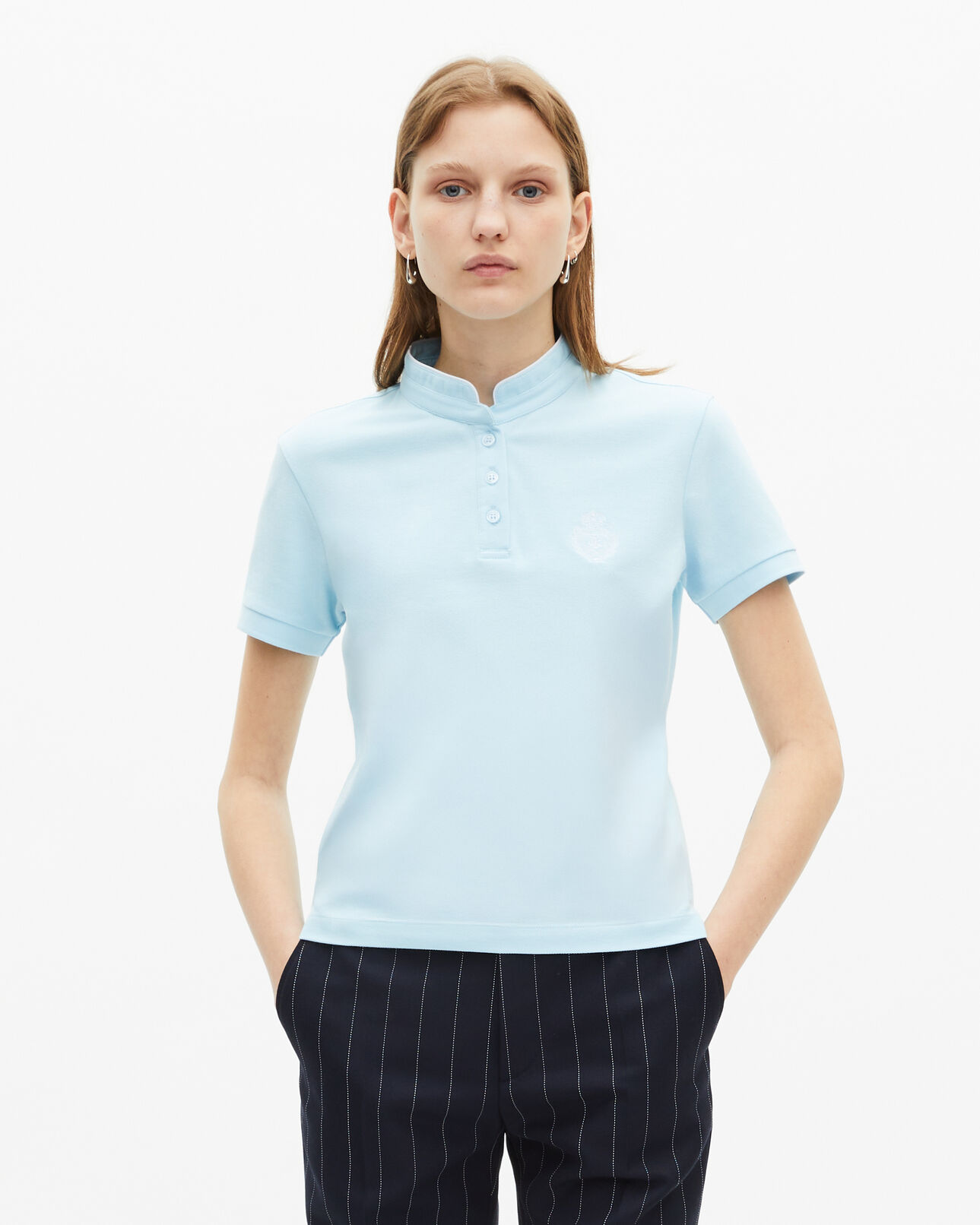 The Kooples WOMEN BABY BLUE light blue mandarin collar polo shirt