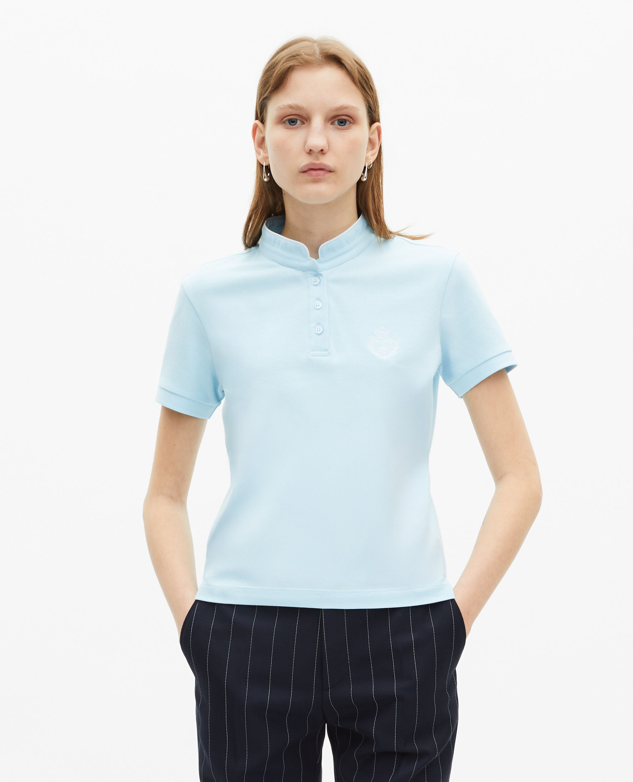 Light blue mandarin collar polo shirt, BABY BLUE, hi-res image number null