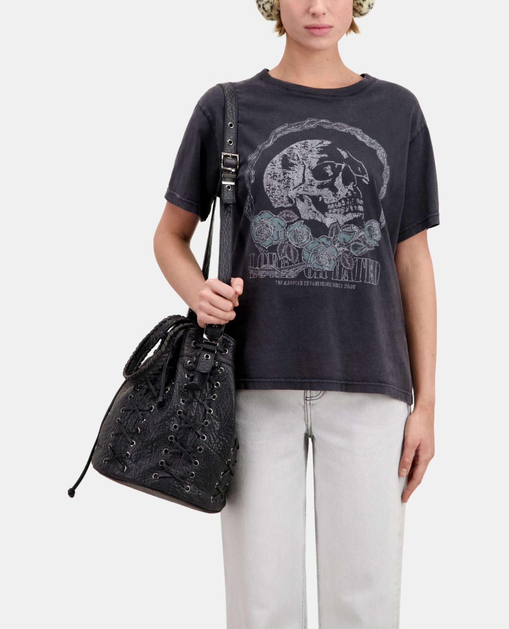 Schwarzes T-Shirt mit Vintage-Skull-Siebdruck, BLACK WASHED, hi-res image number null