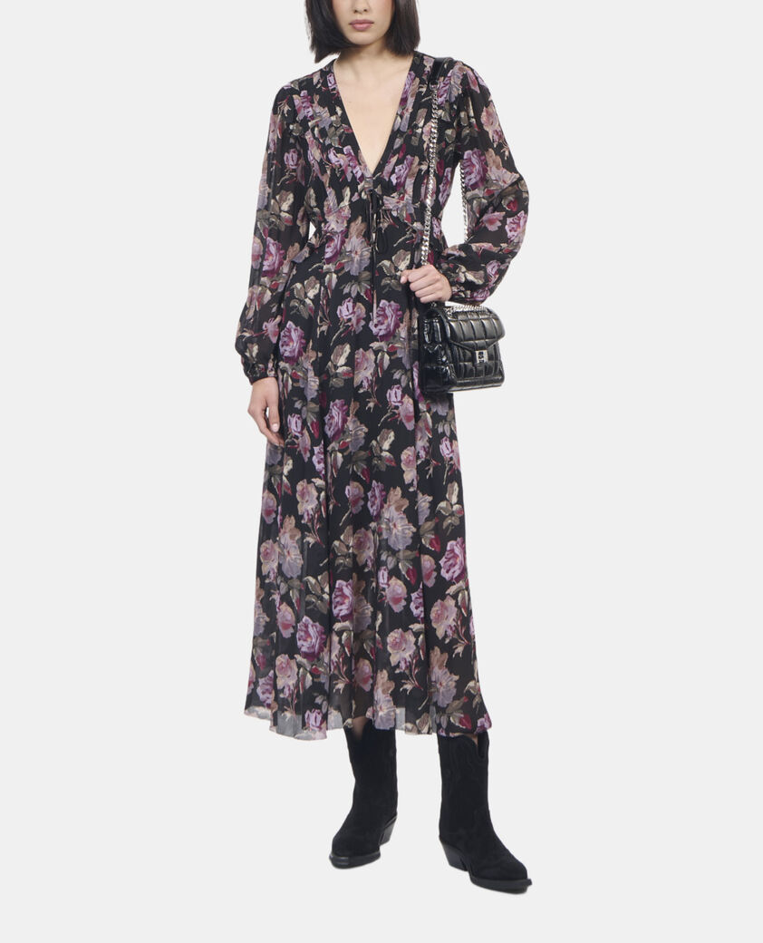 The Kooples FEMME BLACK / PURPLE robe longue imprim&eacute; fleuri