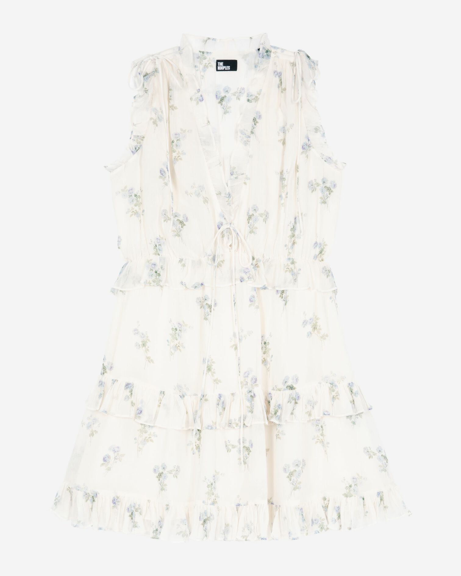 Kurzes Kleid mit Rüschen im Blumendruck weiß, WHITE / SKY BLUE, hi-res image number null