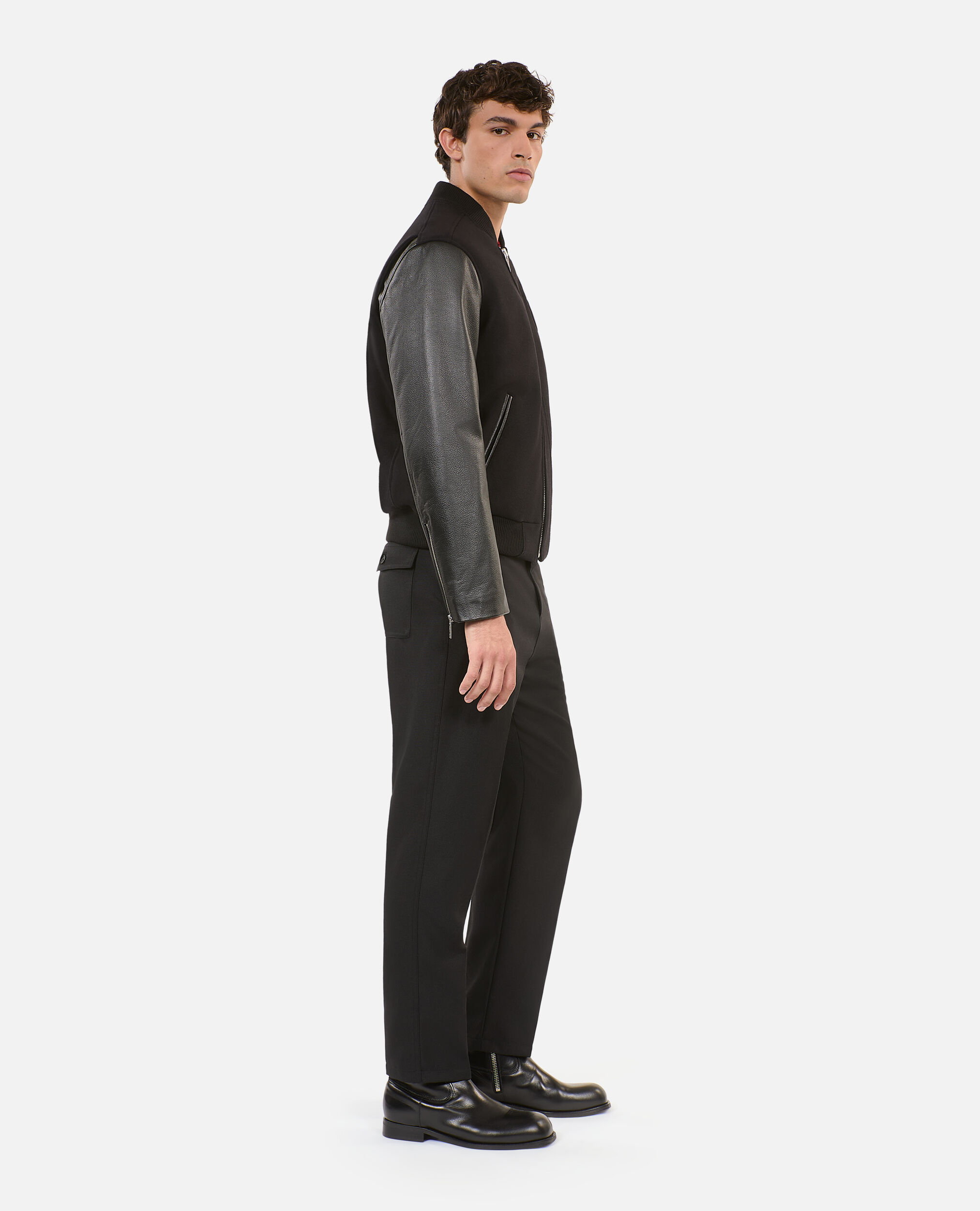 Blouson en laine double face et cuir noir, BLACK, hi-res image number null