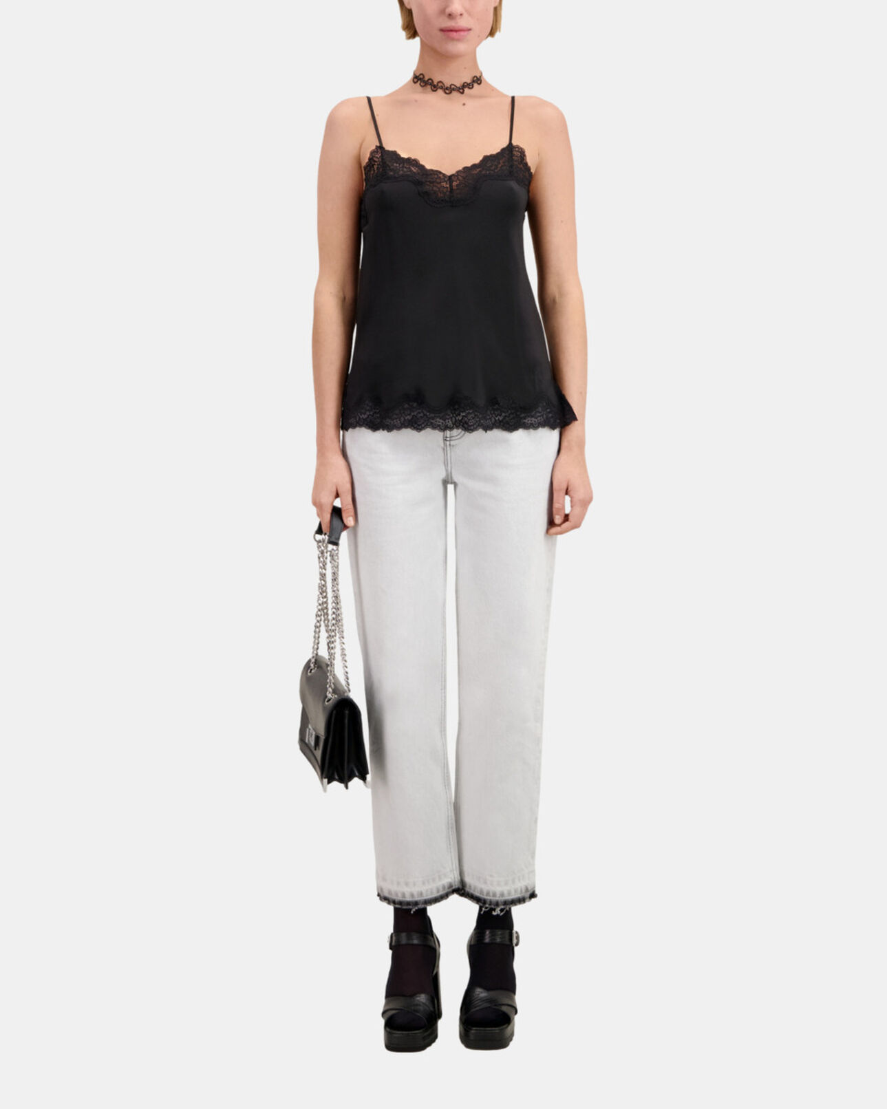 The Kooples FEMME BLACK caraco noir en soie avec détails en dentelle