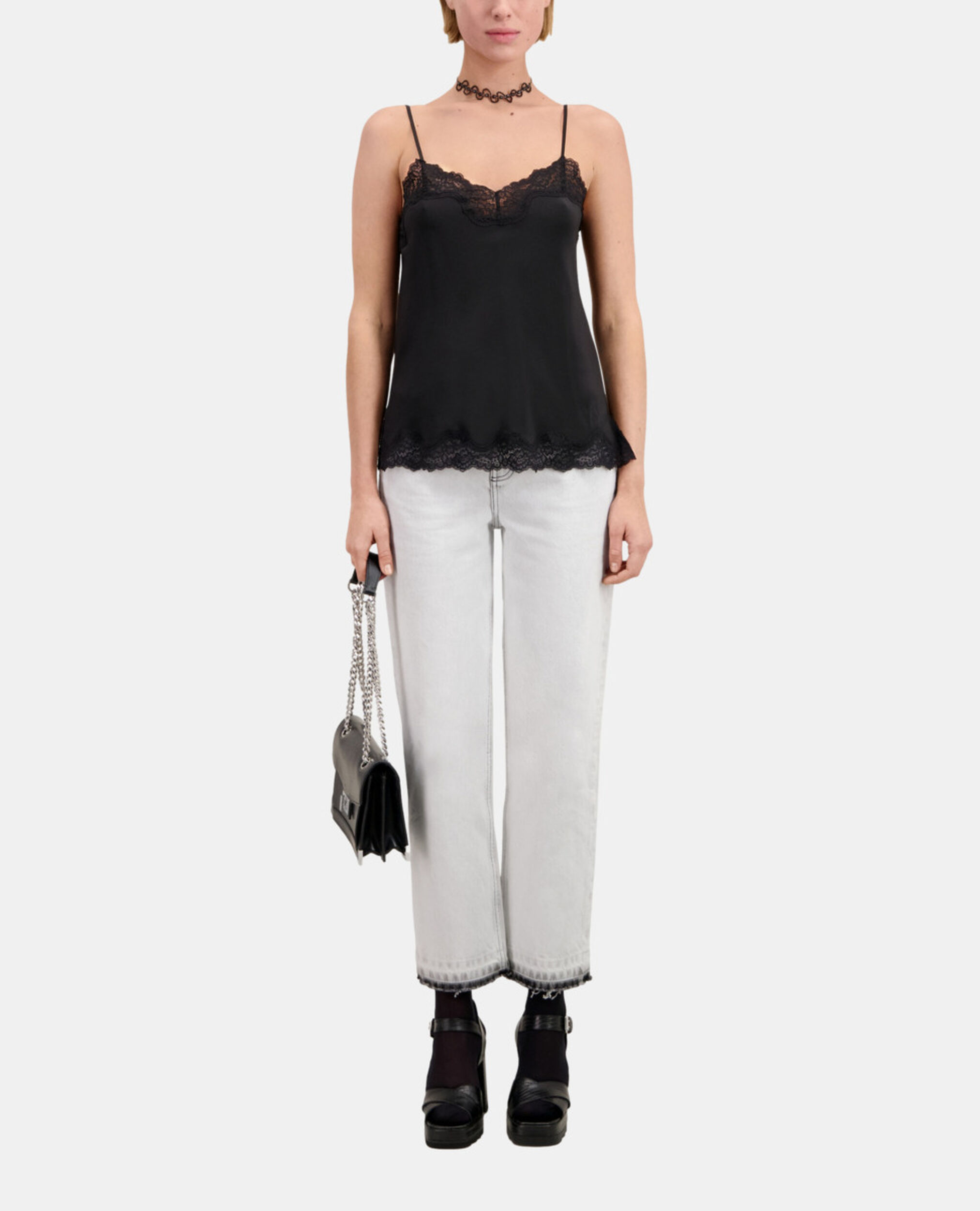 Black silk camisole with lace details, BLACK, hi-res image number null