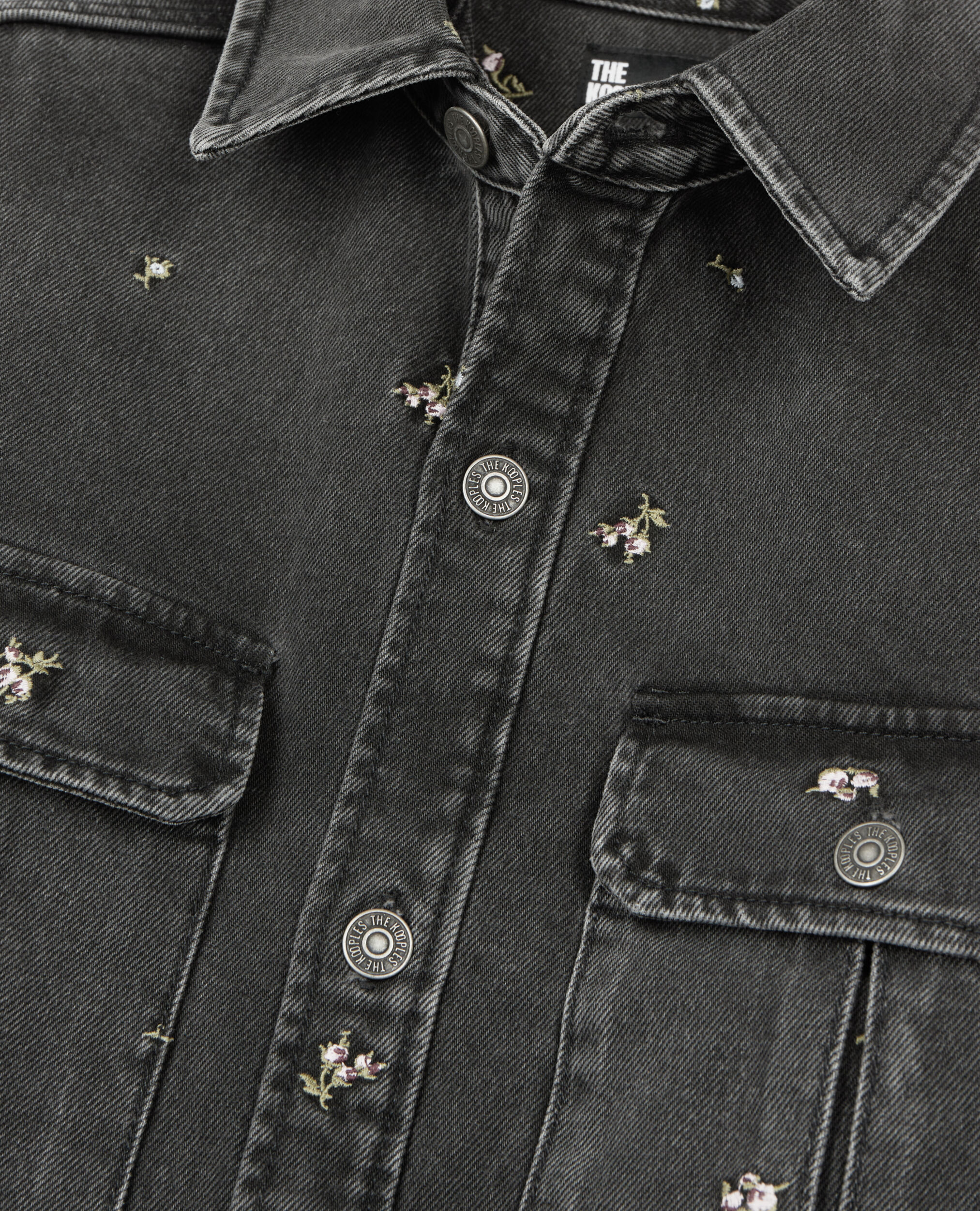 Grey denim overshirt with floral embroidery, GREY, hi-res image number null