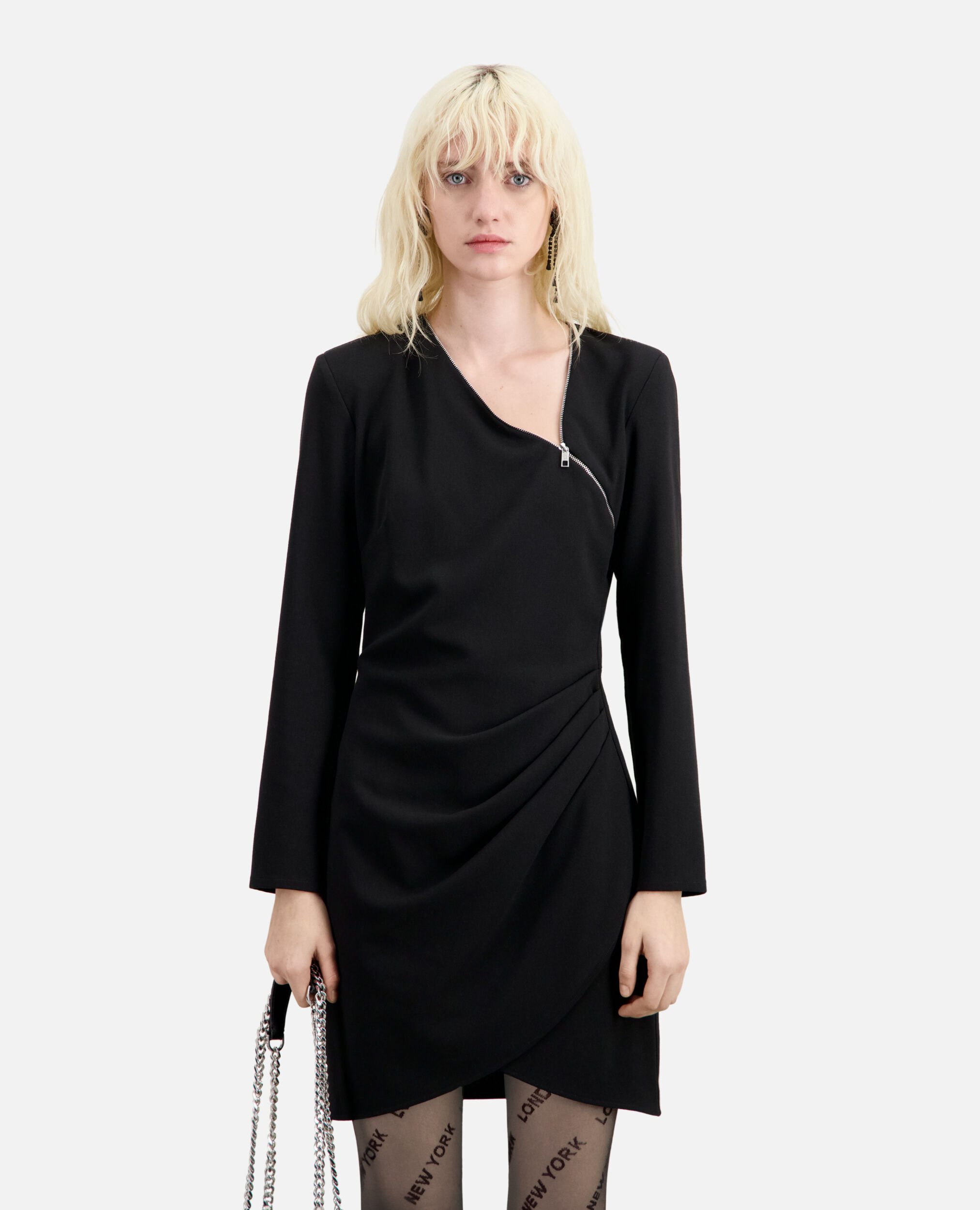 Robe courte noire en crêpe avec zip, BLACK, hi-res image number null