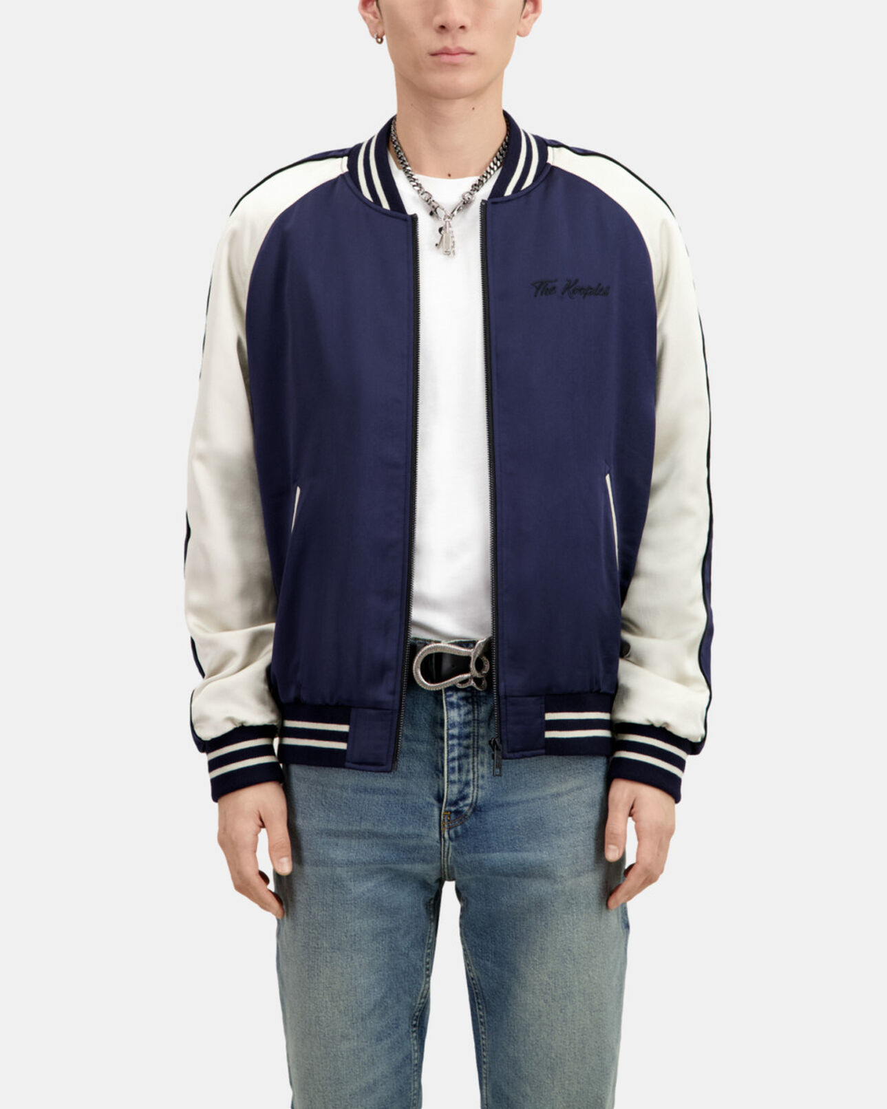 The Kooples MEN NAVY navy blue satin jacket with dragon embroidery
