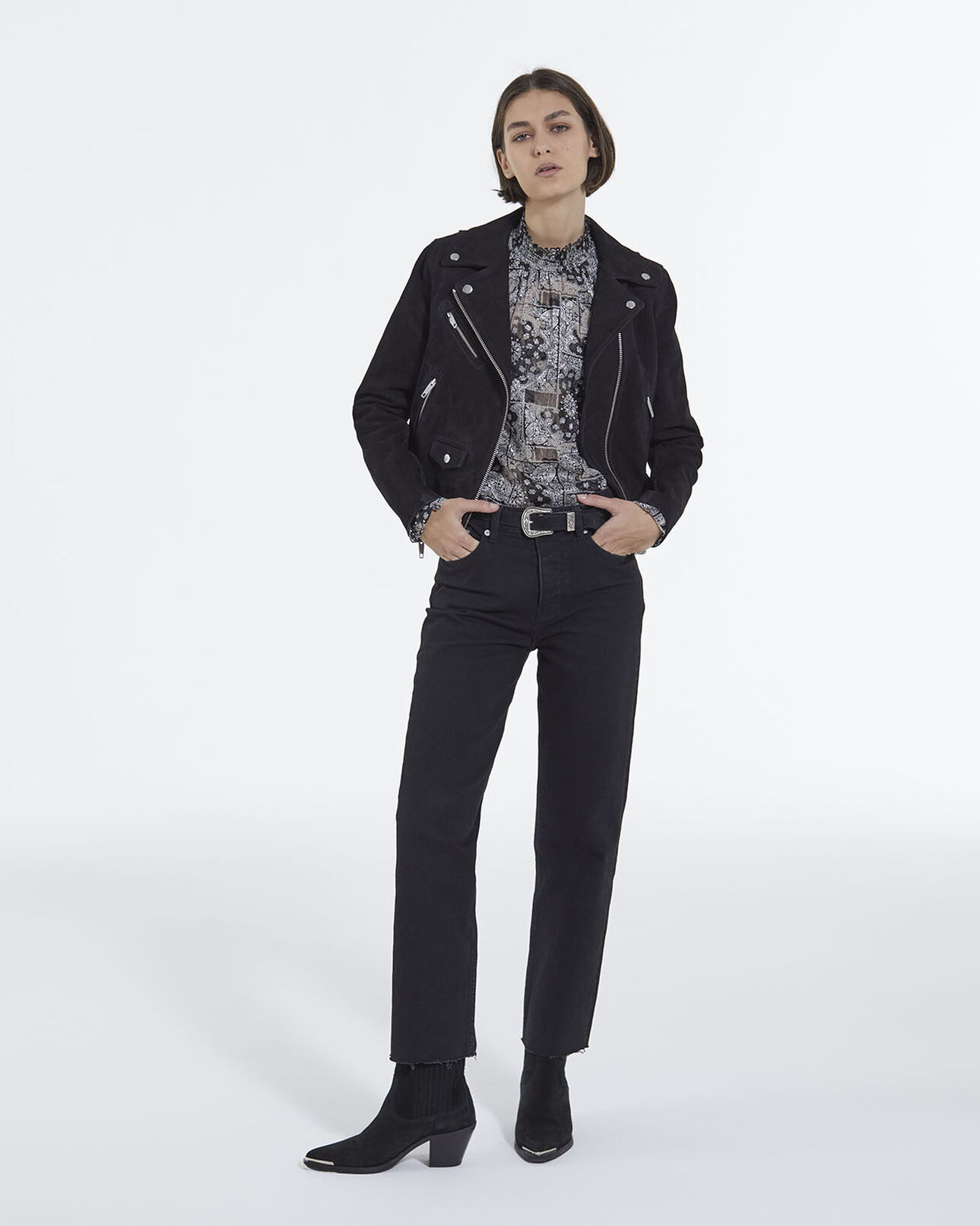 The Kooples DAMEN BLACK schwarzfarbene bikerjacke aus veloursleder