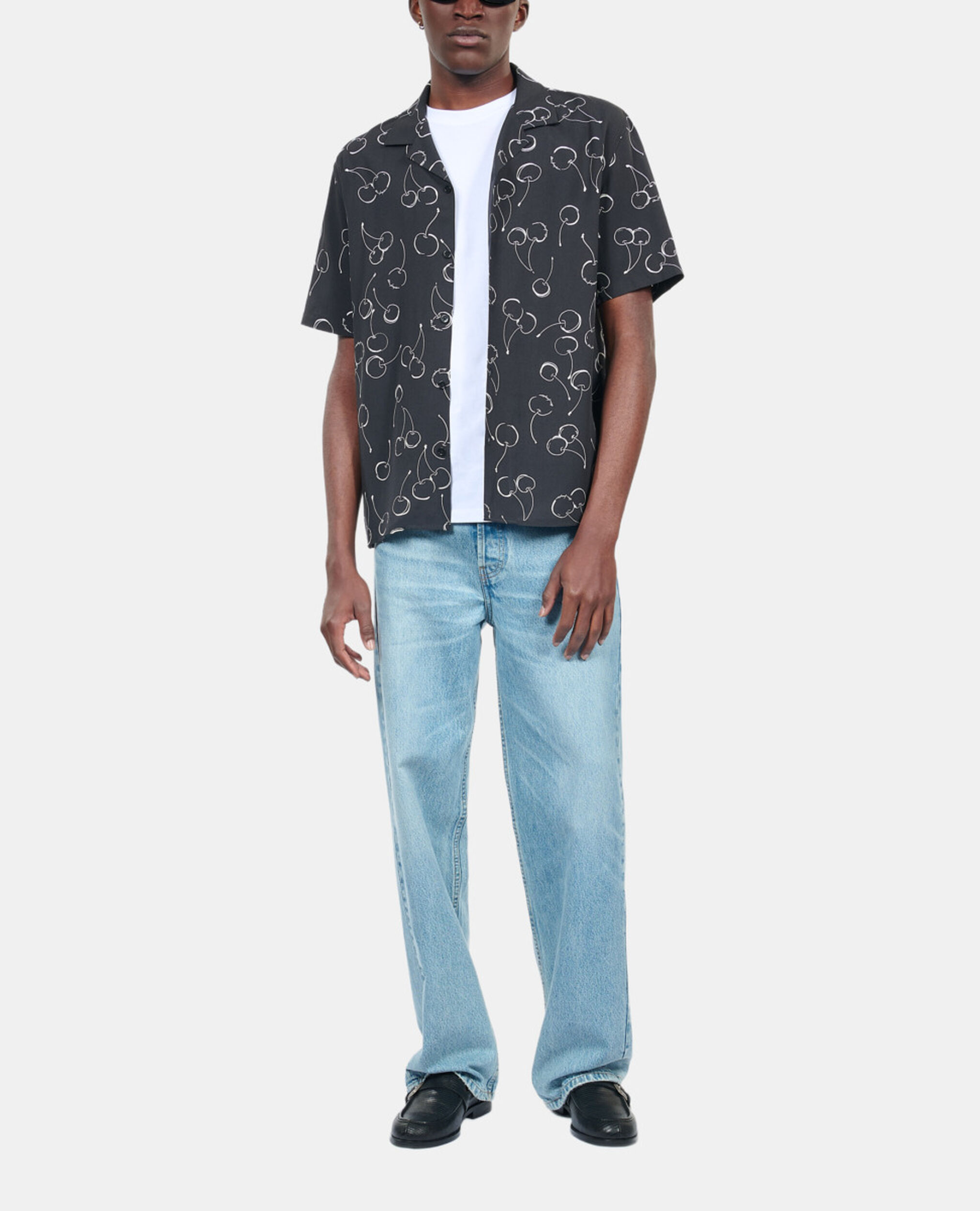 Short-sleeved cherry printed shirt, BLACK, hi-res image number null