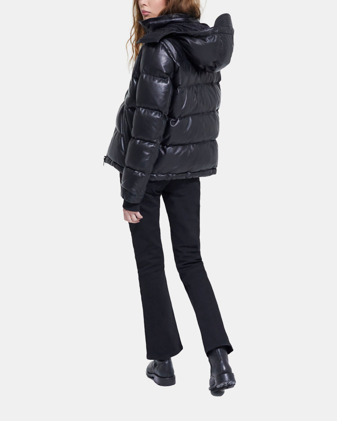 The Kooples WOMEN BLACK black leather down jacket with straps and logo