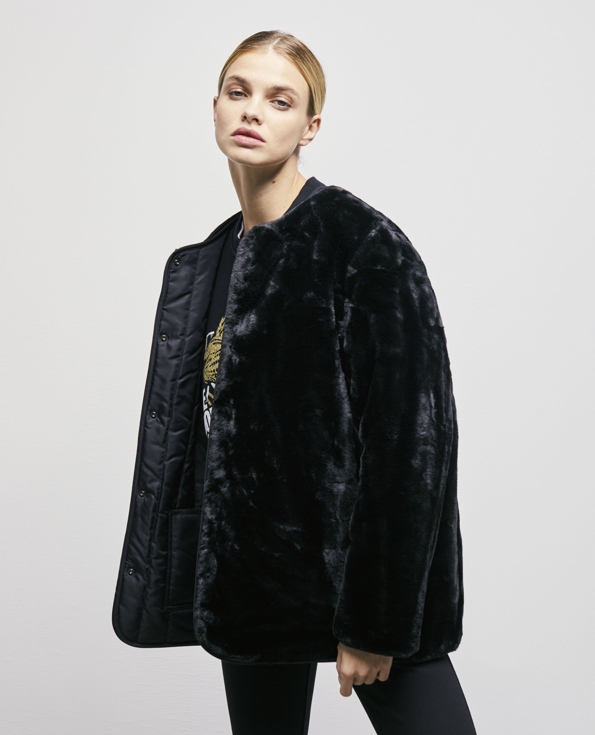 Black reversible faux fur jacket, BLACK, hi-res image number null