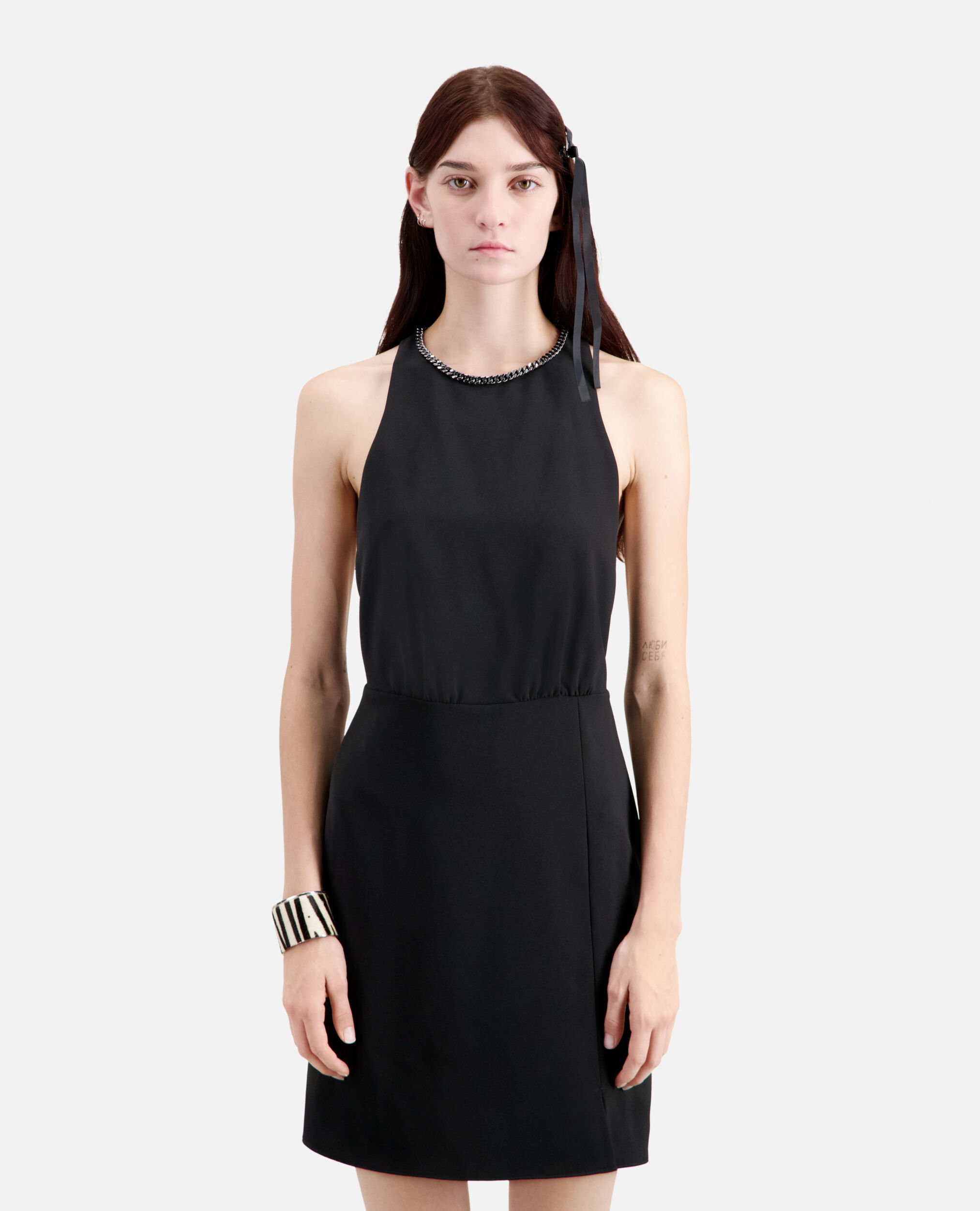 Schwarzes, kurzes Kleid aus Krepp, BLACK, hi-res image number null
