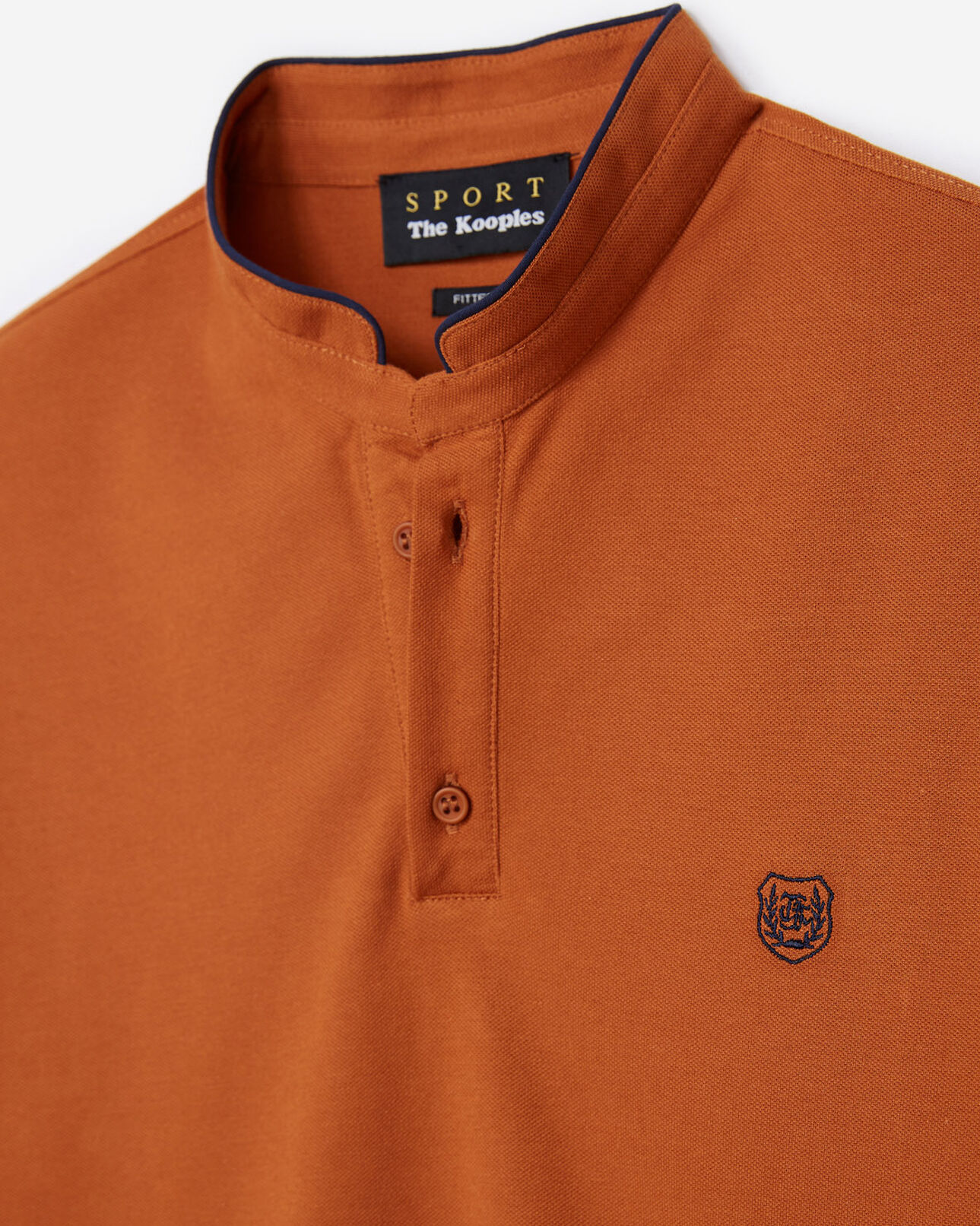 The Kooples MEN OCRE / NIGHT BLUE ochre cotton polo shirt with officer collar and midnight blue details