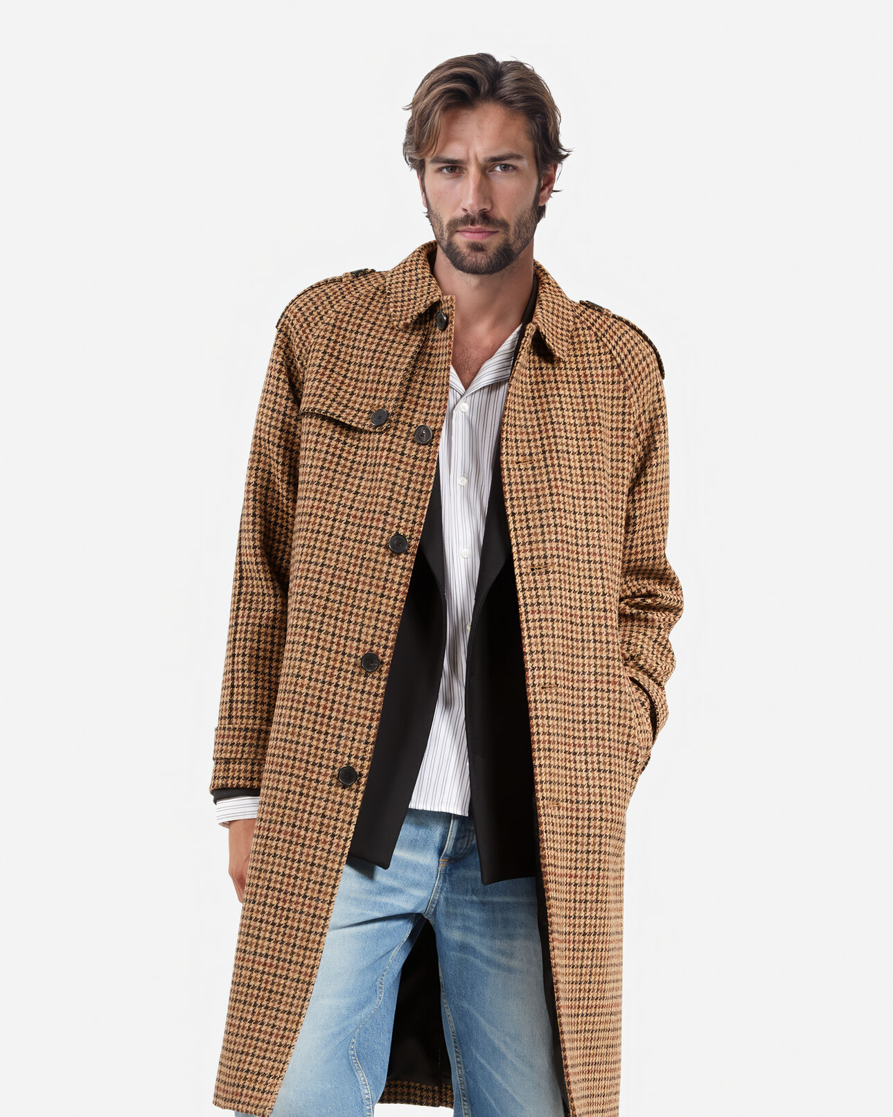 The Kooples HOMME BROWN manteau long en laine à pied de poule marron the kooples x harris tweed