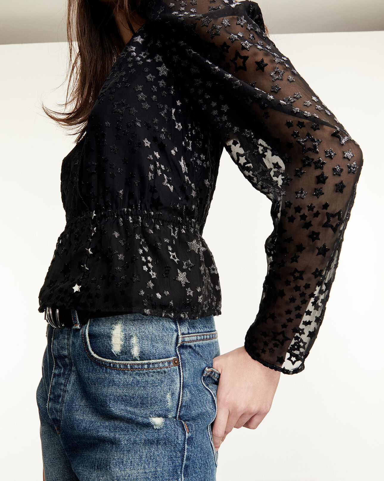 The Kooples MUJER BLACK top terciopelo devoré negro motivo estrella