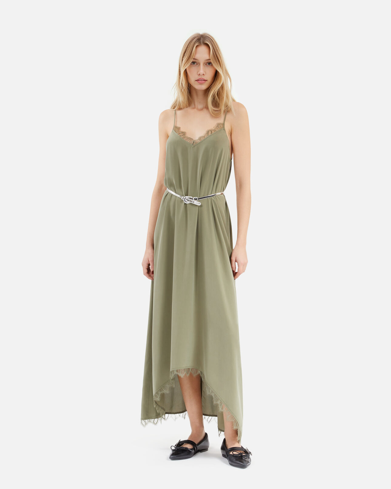 The Kooples WOMEN OLIVE KAKI khaki silk long babydoll dress