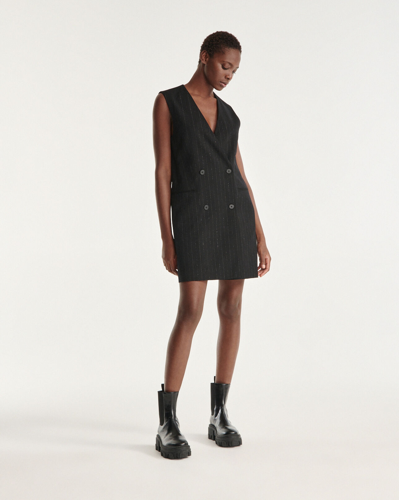The Kooples DAMEN BLACK / SILVER kurzes kleid ärmellos schwarz lurex-streifen