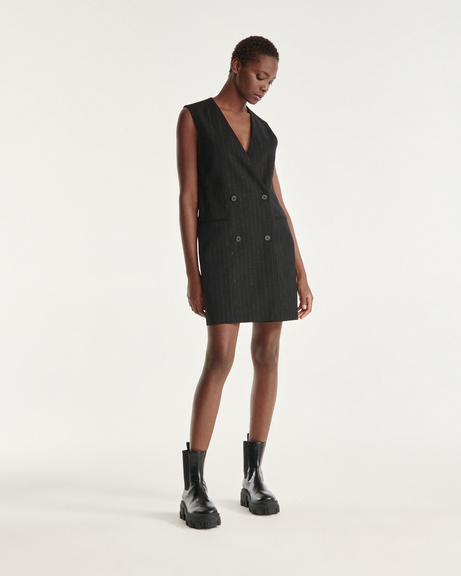 Kurzes Kleid ärmellos schwarz Lurex-Streifen, BLACK / SILVER, hi-res image number null