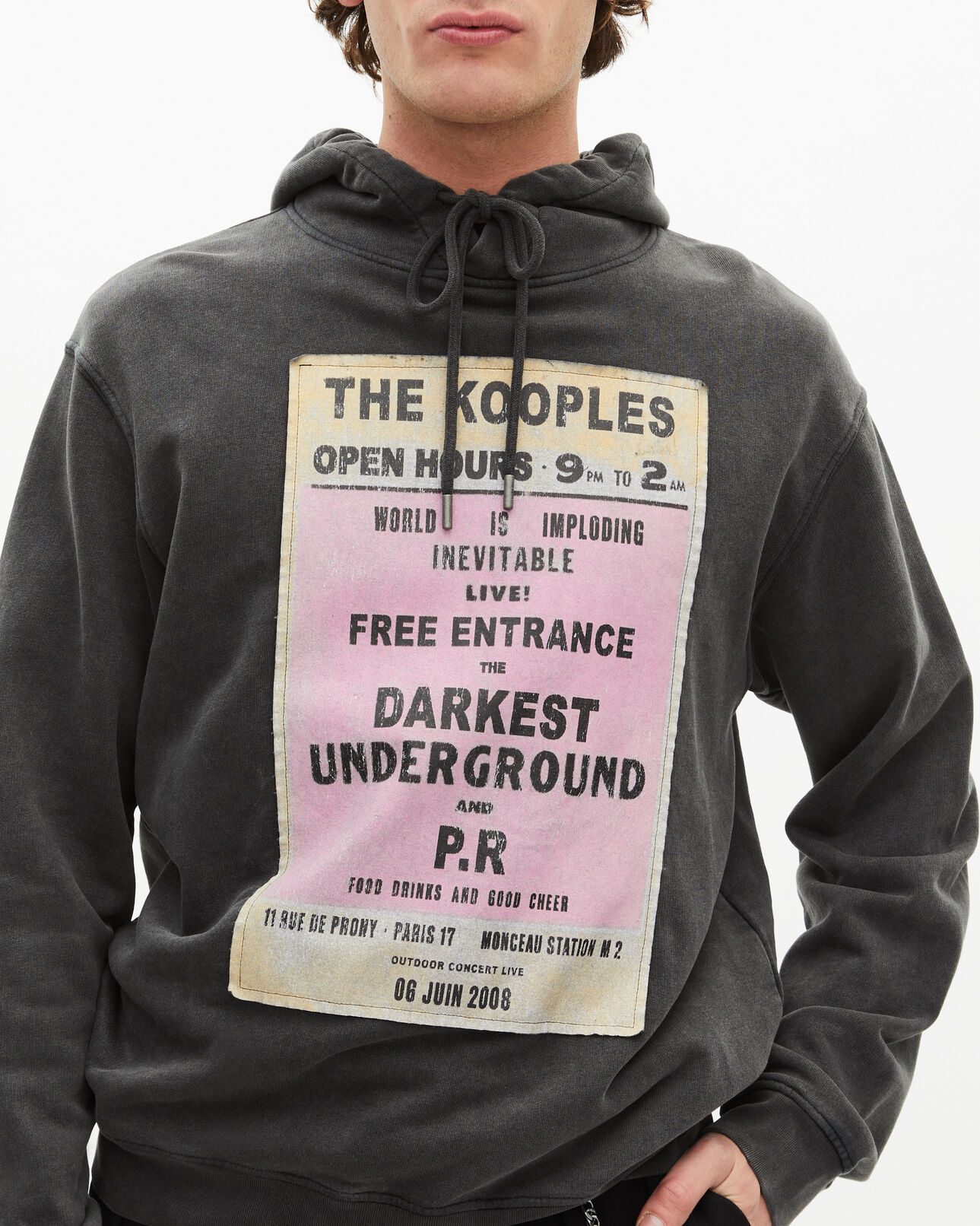 The Kooples MEN BLACK WASHED hooded sweatshirt with black screen print