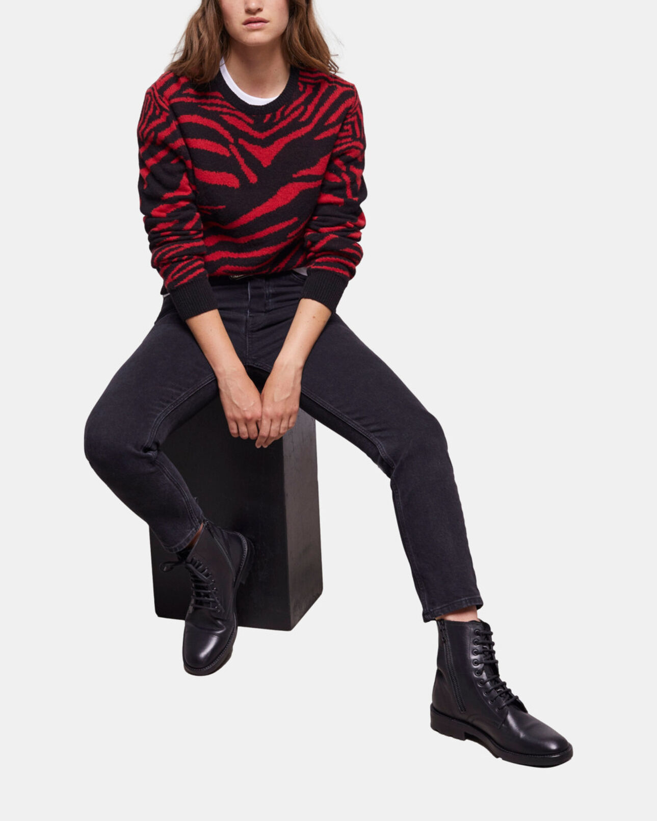 The Kooples F BLACK - RED printed crew neck sweater