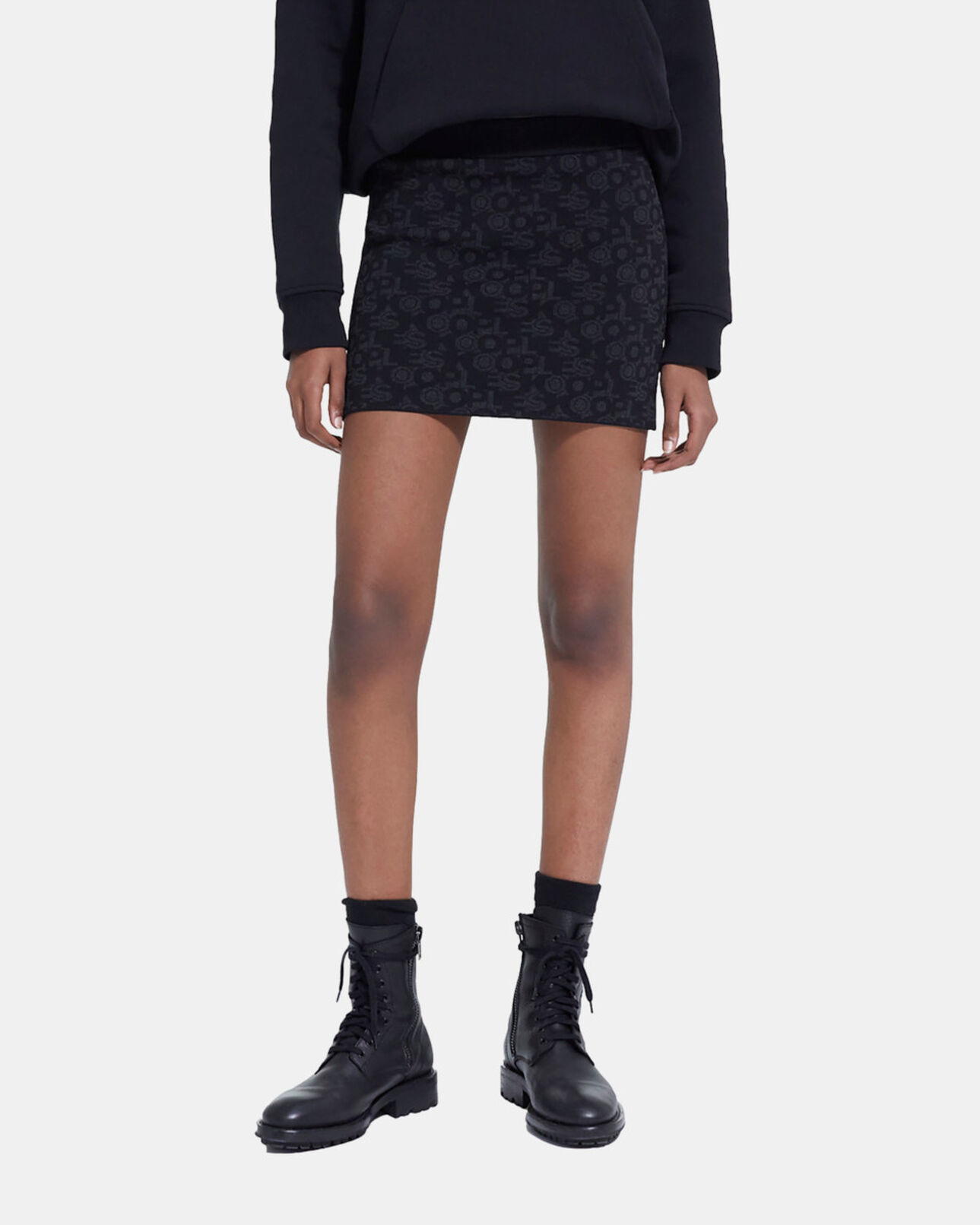 The Kooples WOMEN BLACK DARK GREY short black skirt with the kooples logo