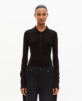 The Kooples FEMME BLACK body en maille c&ocirc;tel&eacute;e noir