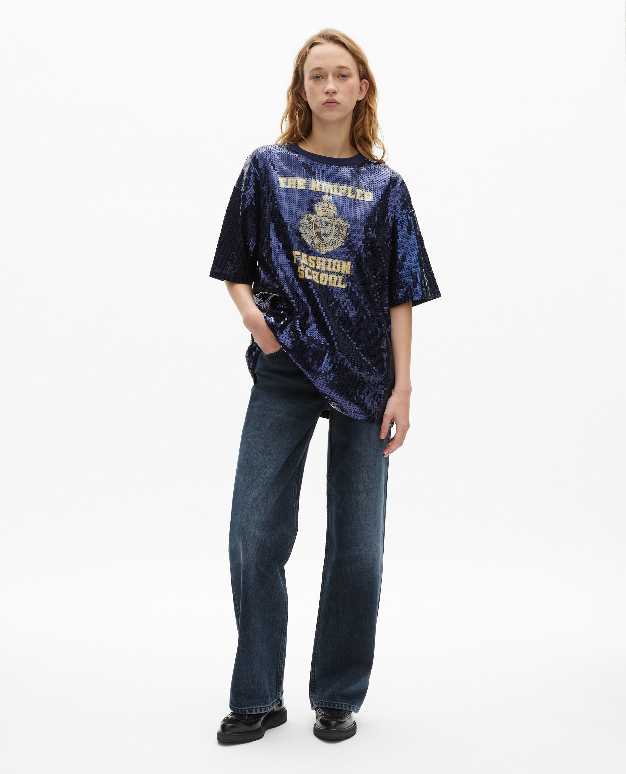 T-Shirt mit Pailletten und blauem Siebdruck, DARK NAVY, hi-res image number null