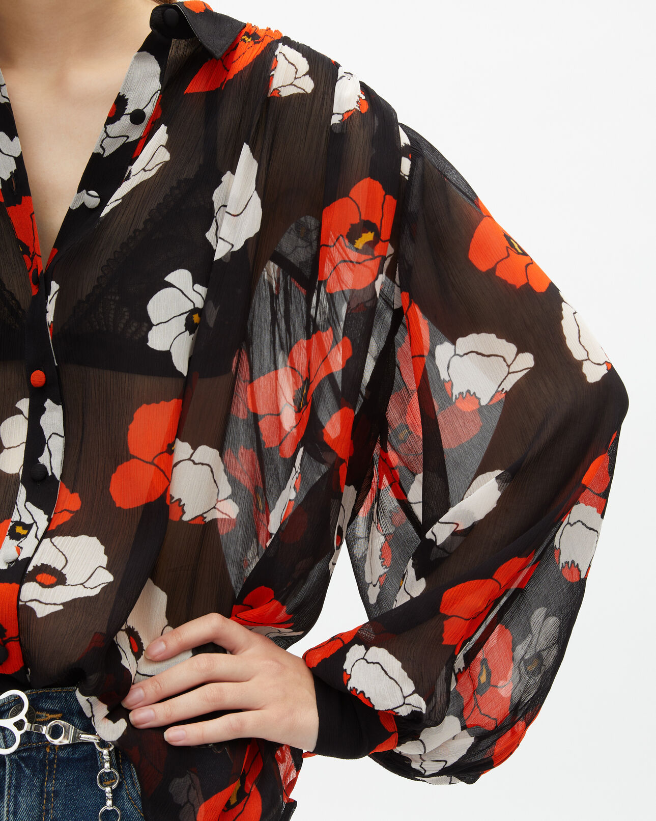 The Kooples WOMEN BLACK RED OFF WHITE loose-fitting black floral print shirt