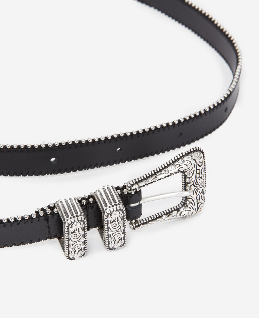 bead-edged black leather belt with rhinestone western buckle