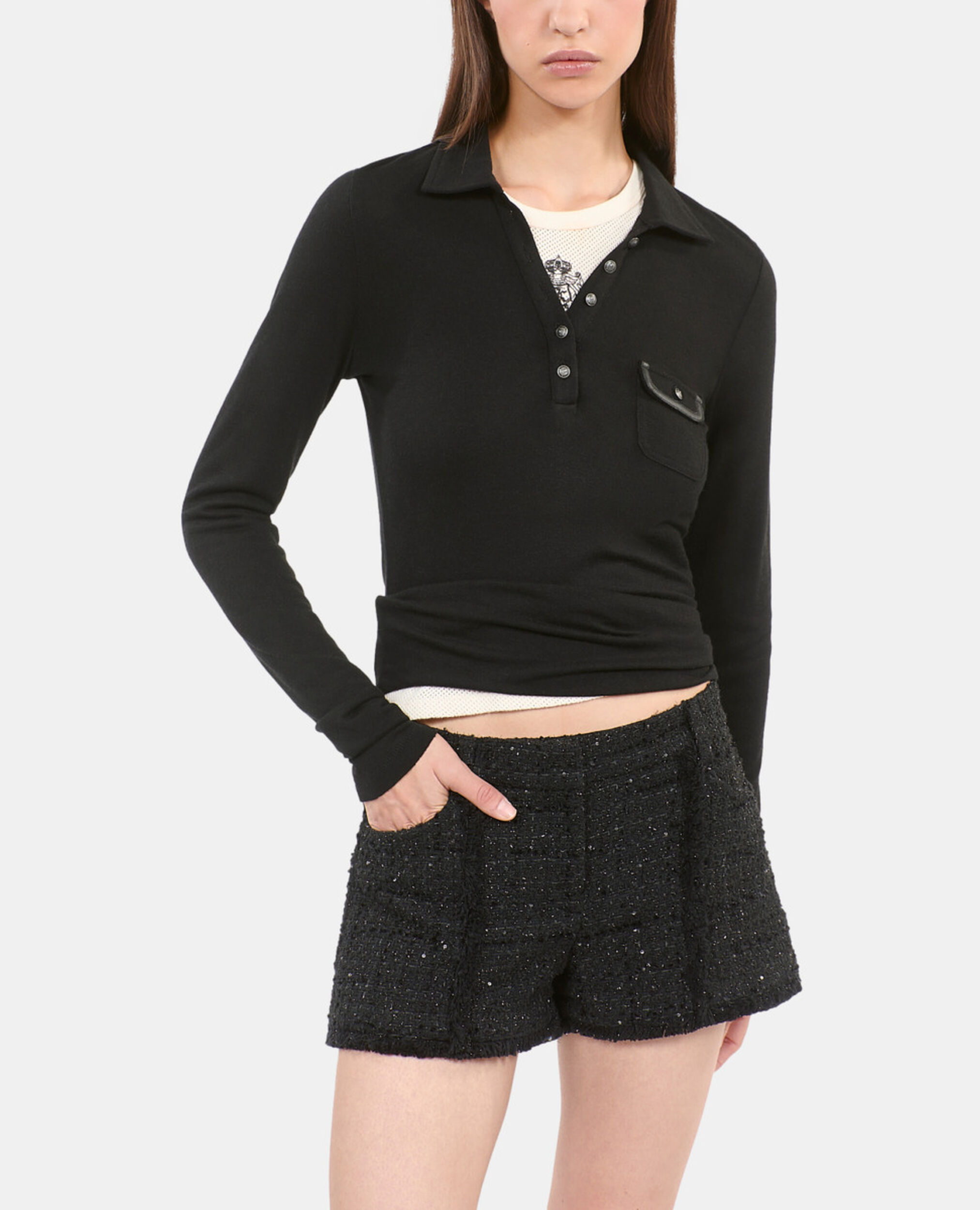 Langärmeliges, schwarzes Poloshirt, BLACK, hi-res image number null