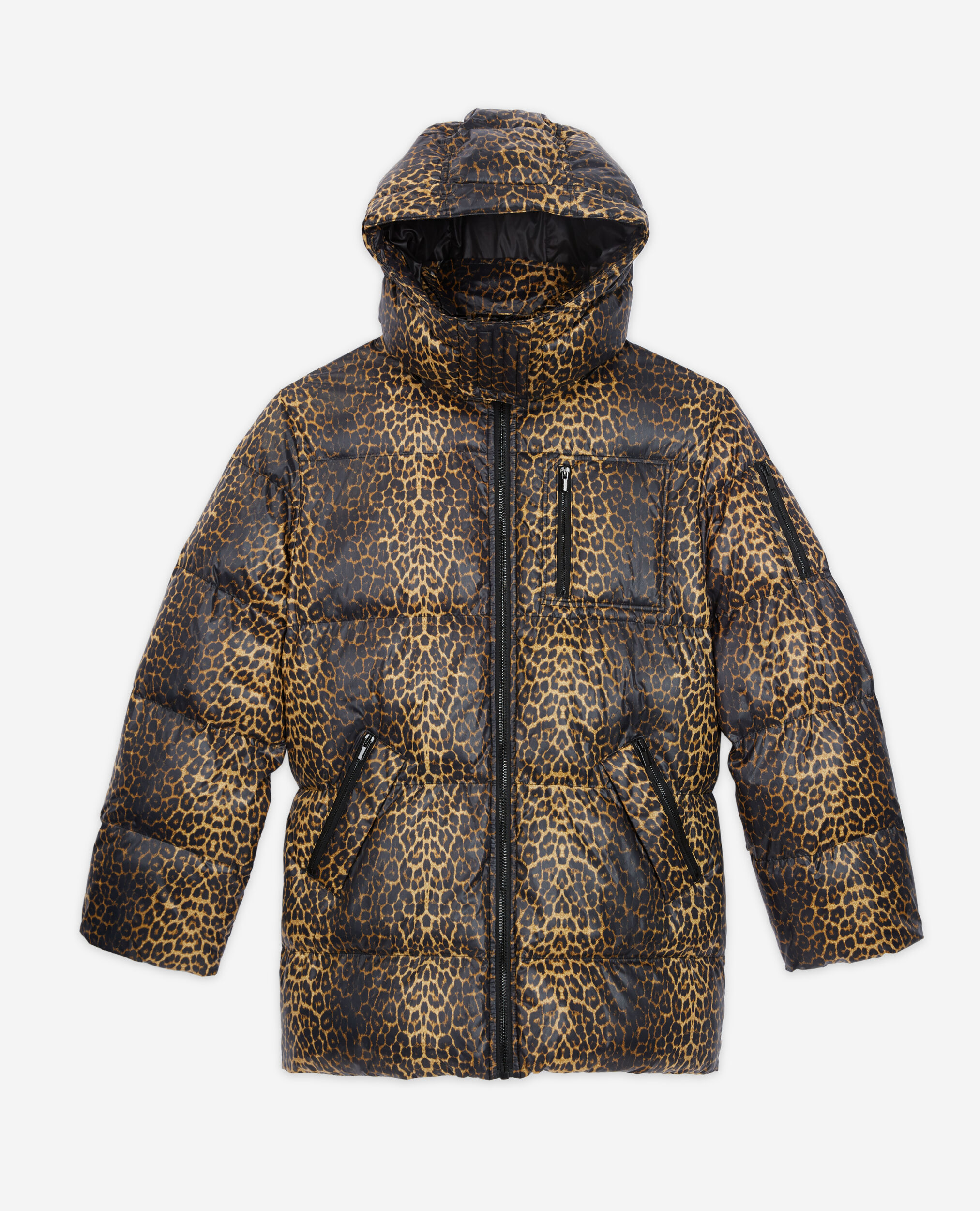 Leopard print oversized down jacket with straps and logo The Kooples US