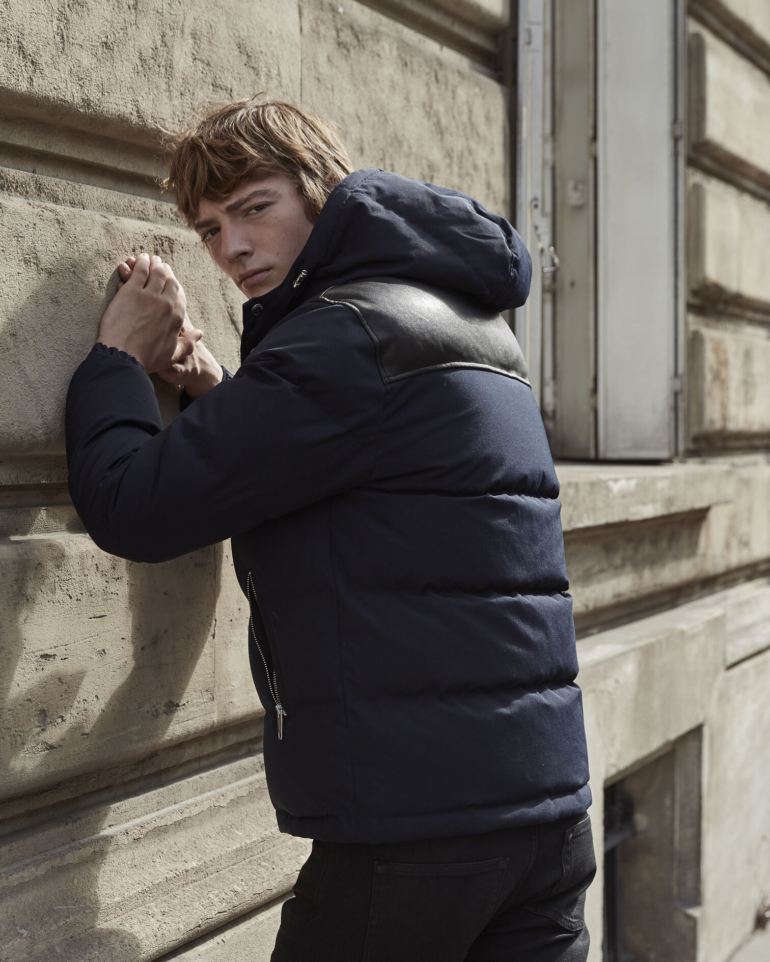 DOUDOUNE AVEC COL EN CUIR ET CAPUCHE FOURREE, NAVY / BLACK, hi-res image number null