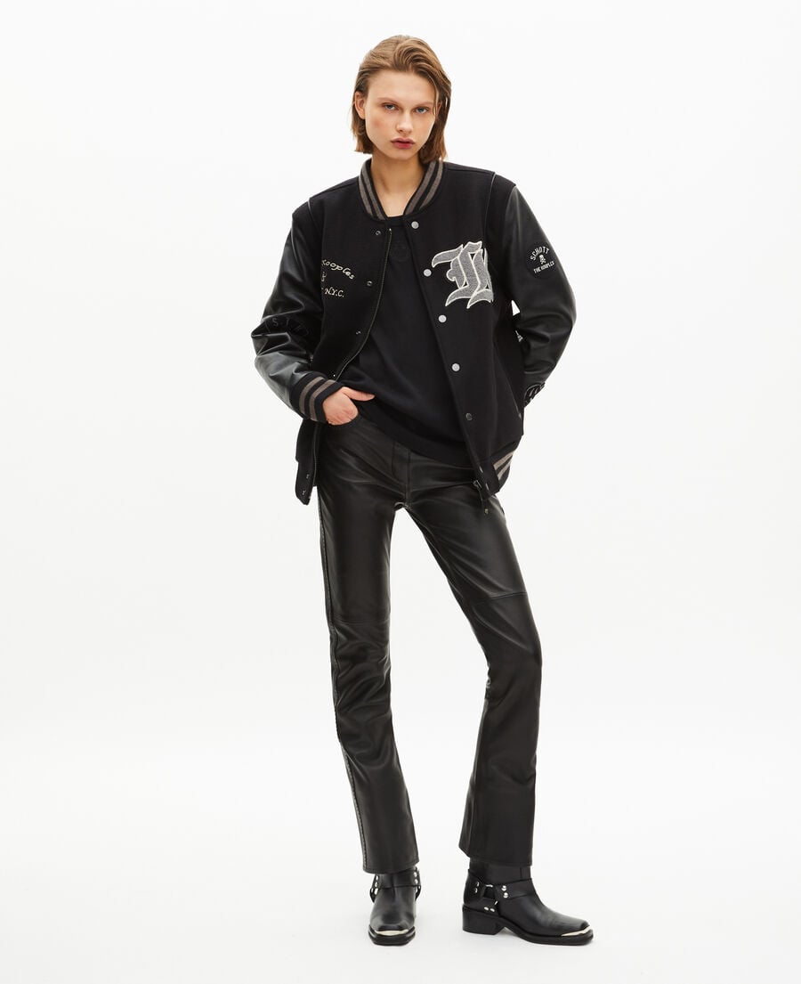 The Kooples FEMME BLACK blouson varsity en cuir noir the kooples x schott nyc