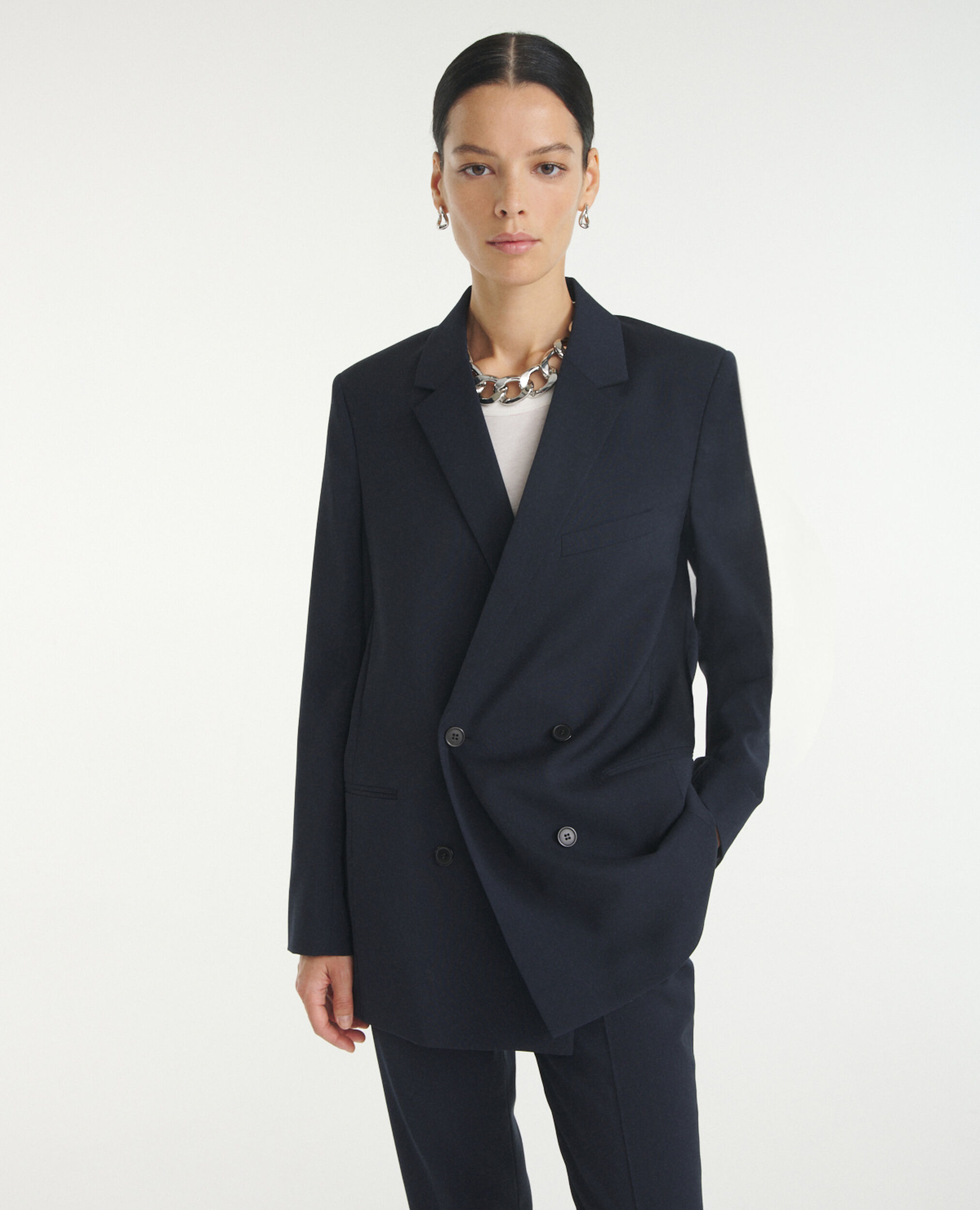 Blue wool jacket with double button fastening, NAVY, hi-res image number null