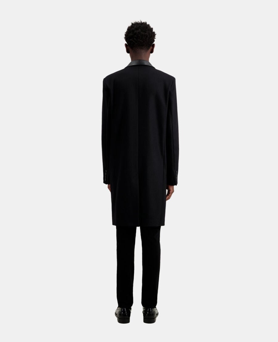 The Kooples H BLACK long black coat in wool blend with leather details