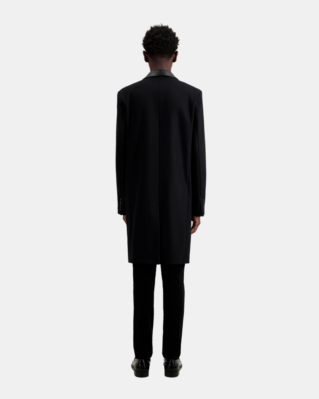 The Kooples HOMME BLACK manteau noir long en mélange de laine avec détails en cuir