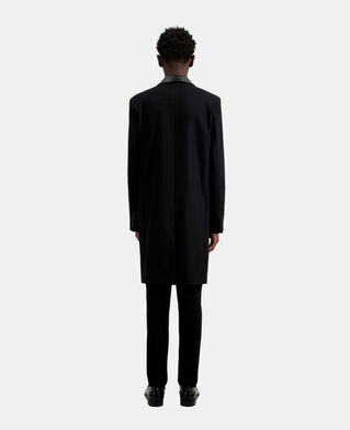 The Kooples H BLACK long black coat in wool blend with leather details