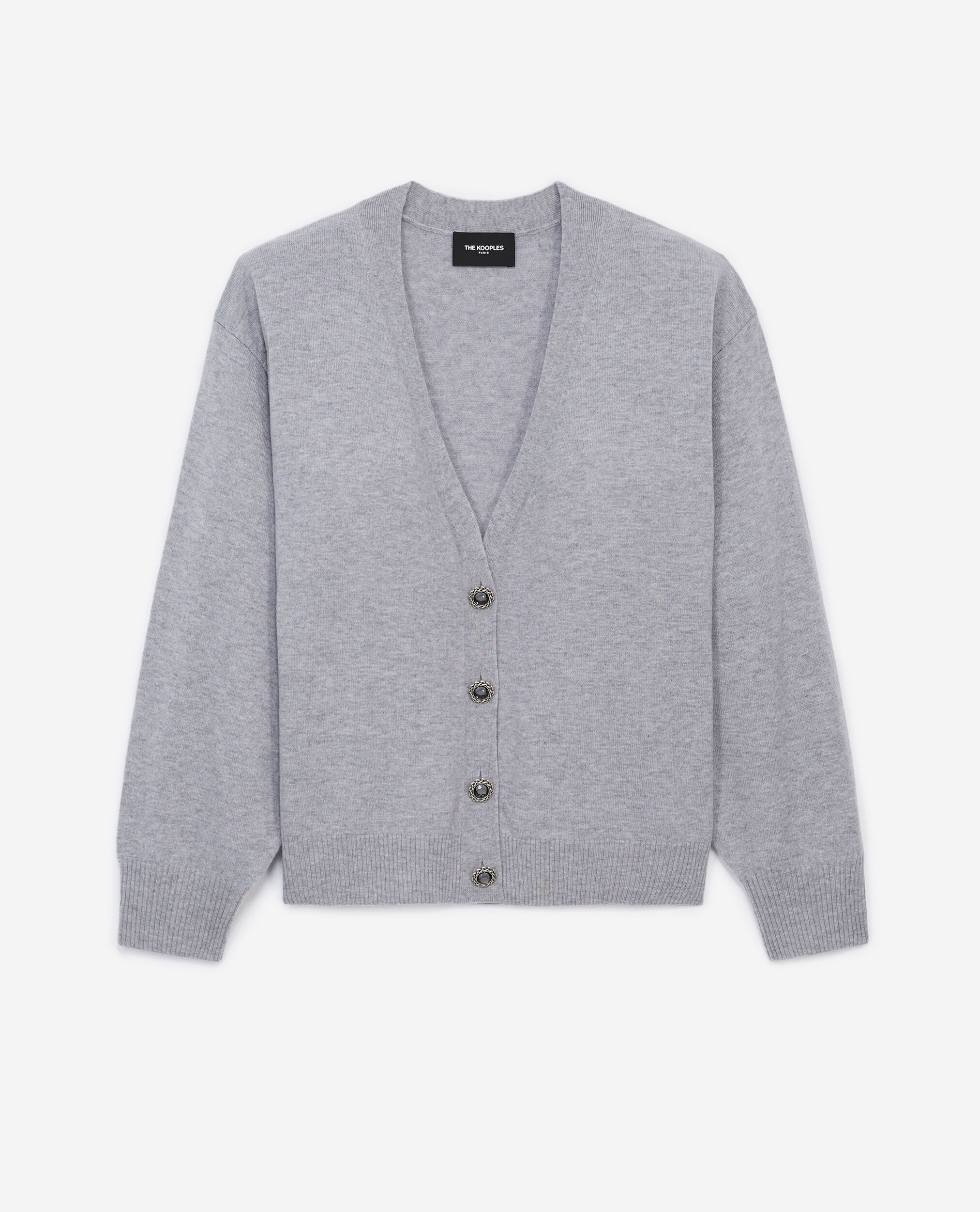 V-neck gray wool cardigan with jewel buttons, GREY MELANGE, hi-res image number null
