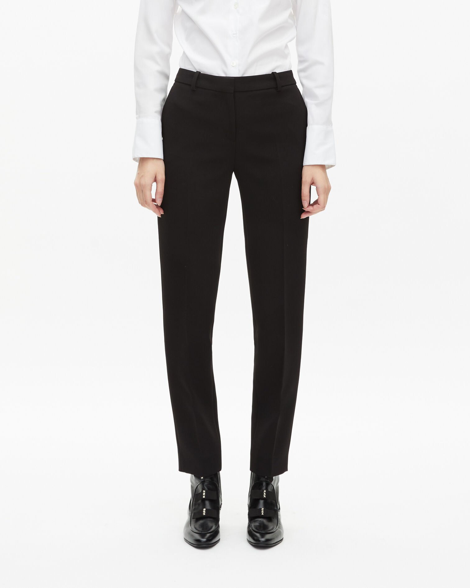 Straight cut black crepe tailored pants, BLACK, hi-res image number null