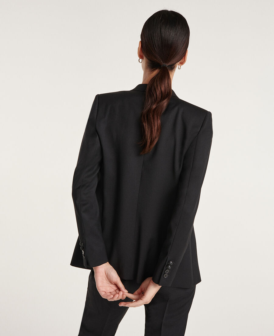 chaqueta elegante negra de lana, cuello traje
