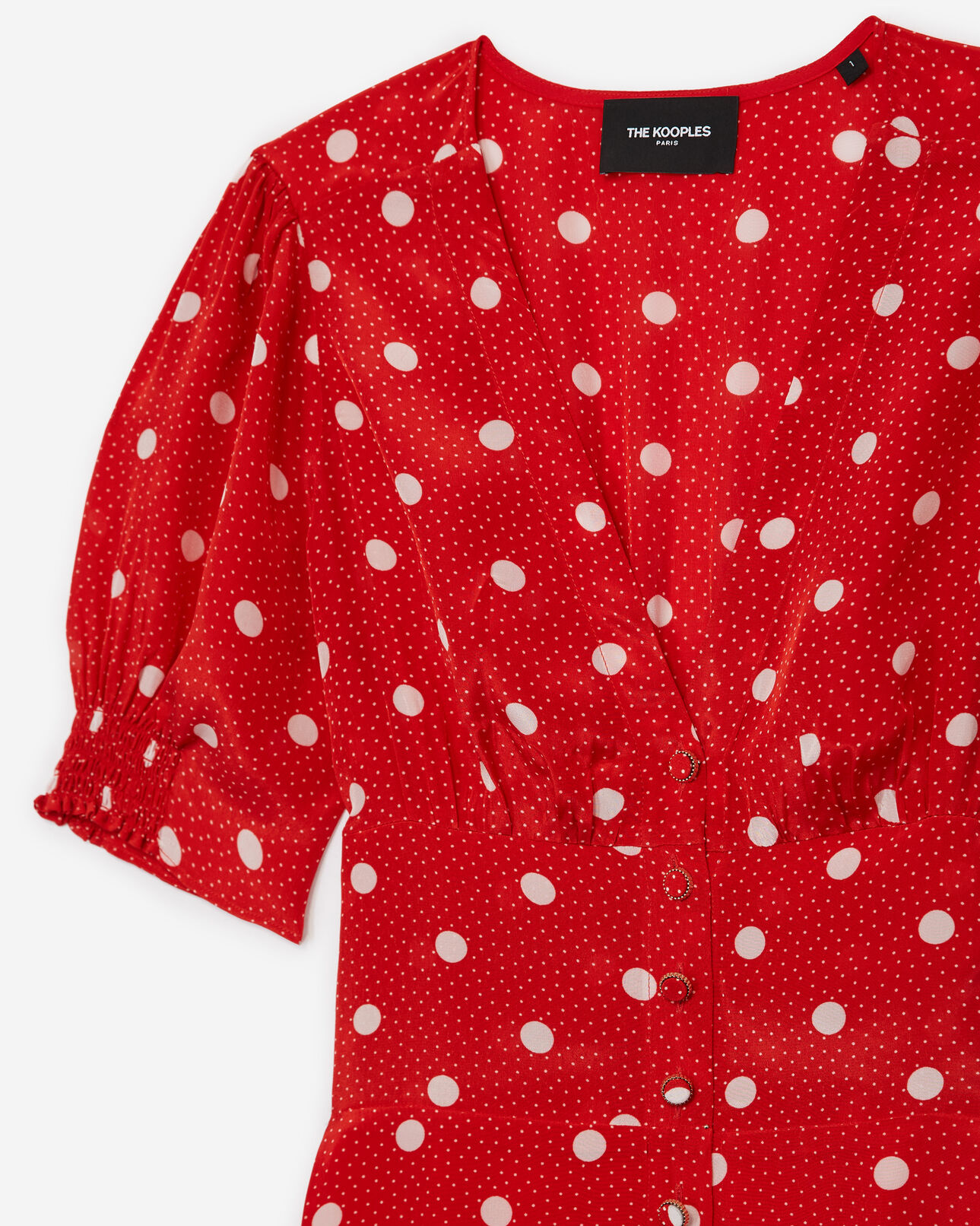 The Kooples FEMME RED / ECRU robe courte imprimée rouge à smocks