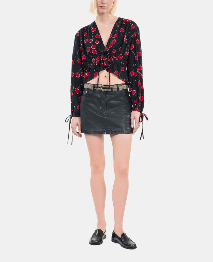 The Kooples WOMEN BLACK - RED cherry printed cropped top with ruffles