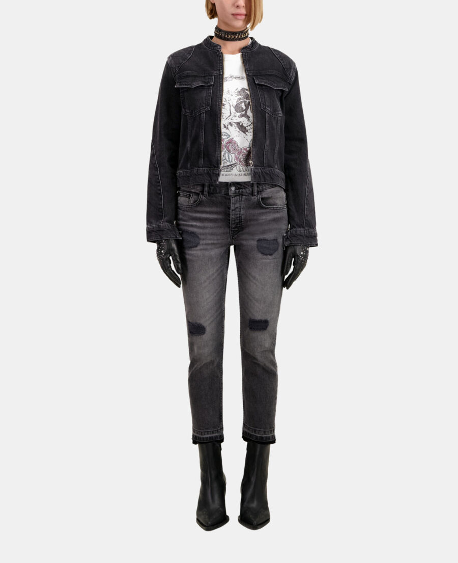 The Kooples WOMEN BLACK WASHED black denim biker jacket