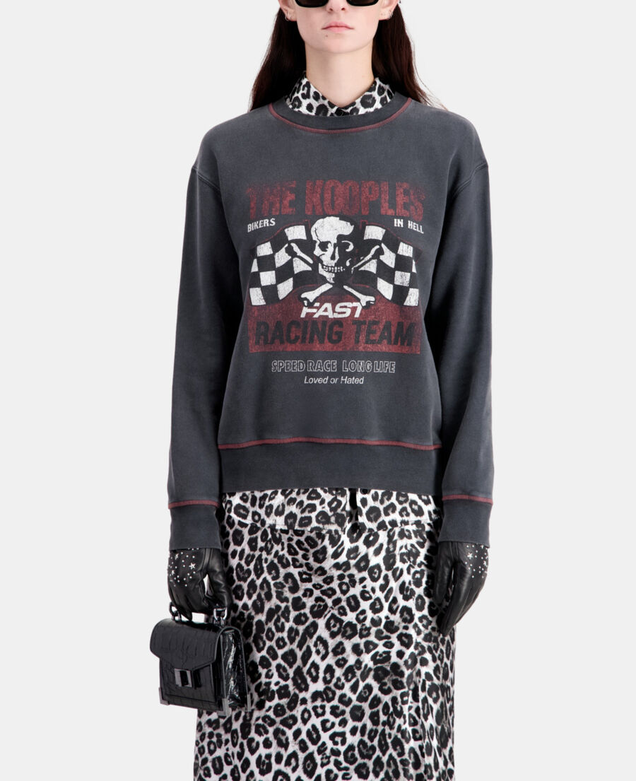 The Kooples WOMEN BLACK WASHED women's black sweatshirt with racing skull serigraphy
