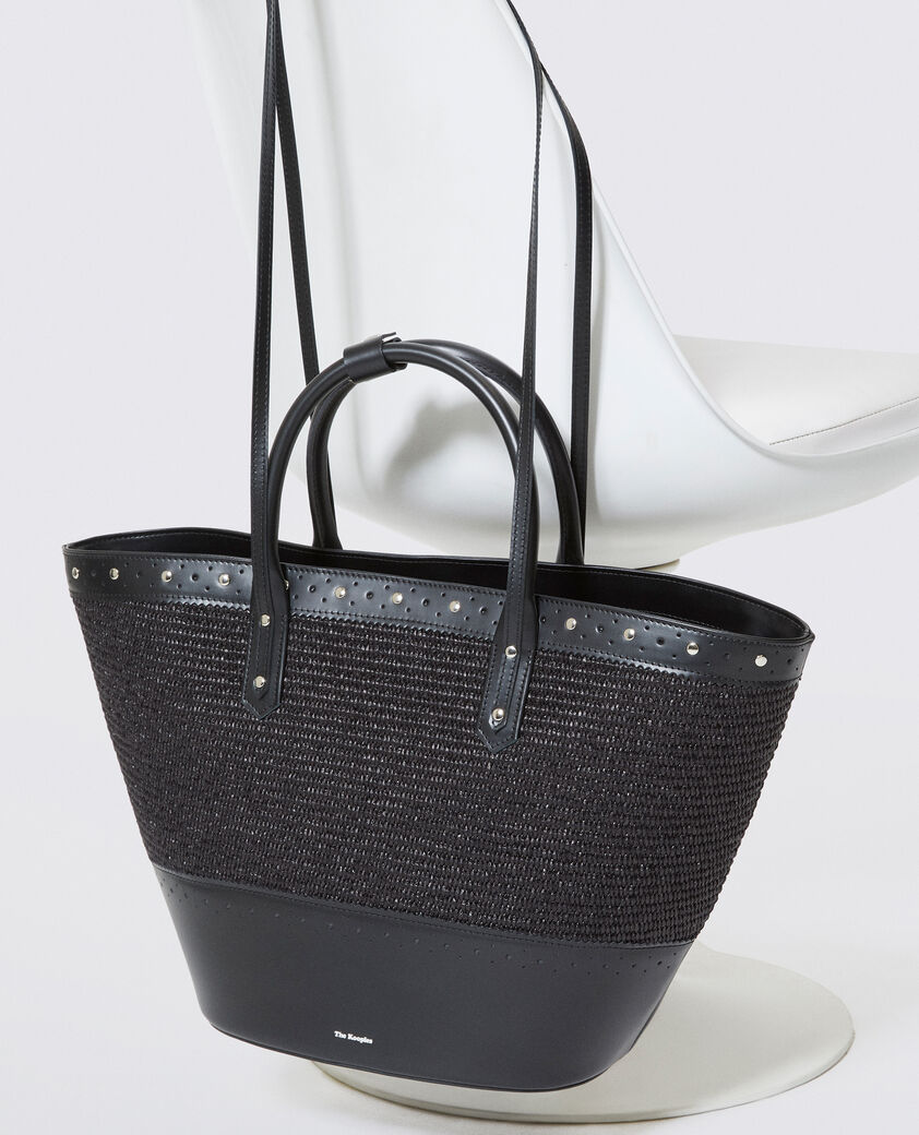 The Kooples FEMME BLACK sac cabas en cuir et raphia noir