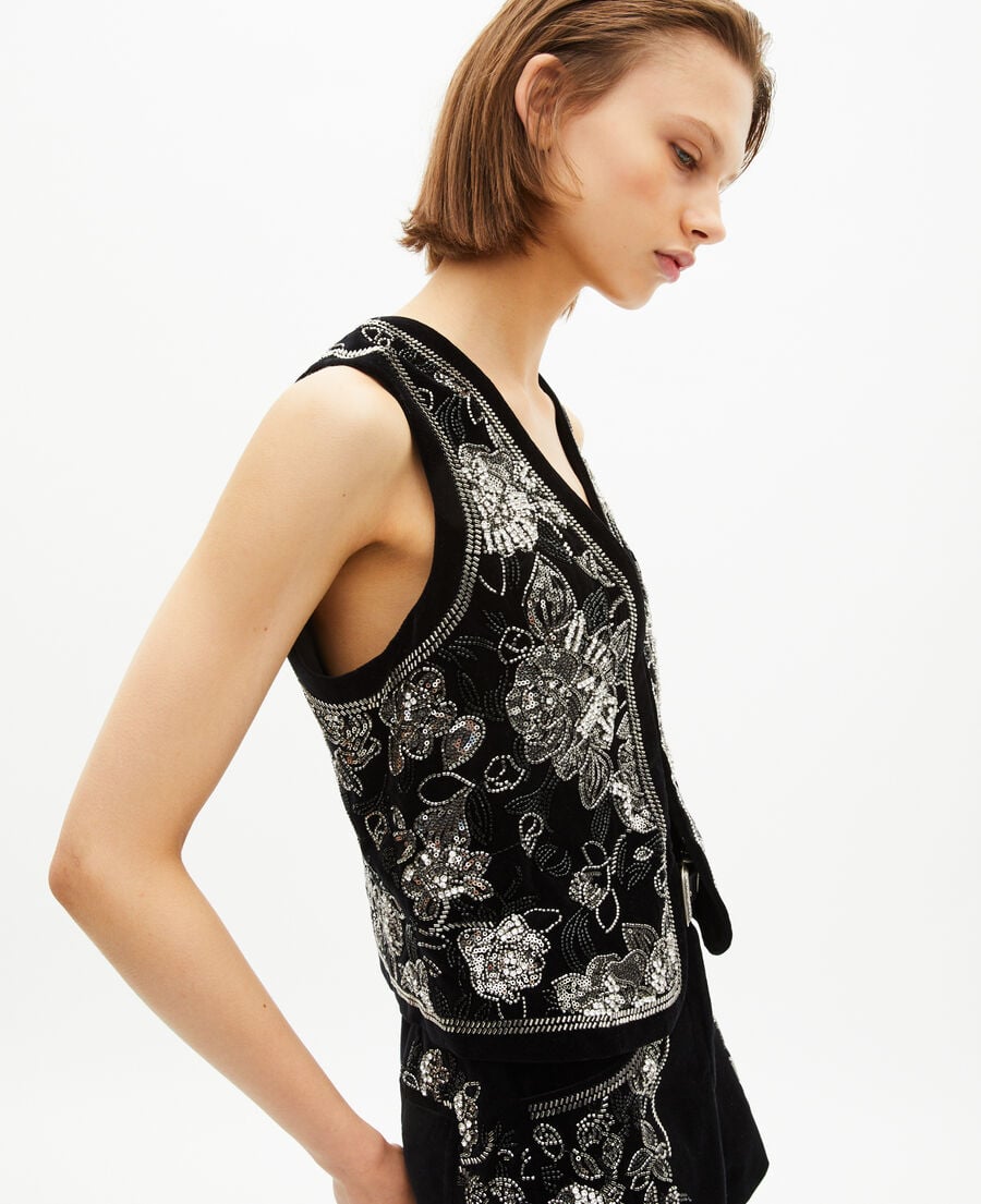 The Kooples WOMEN BLACK-ANTIC SILVER black embroidered velvet vest