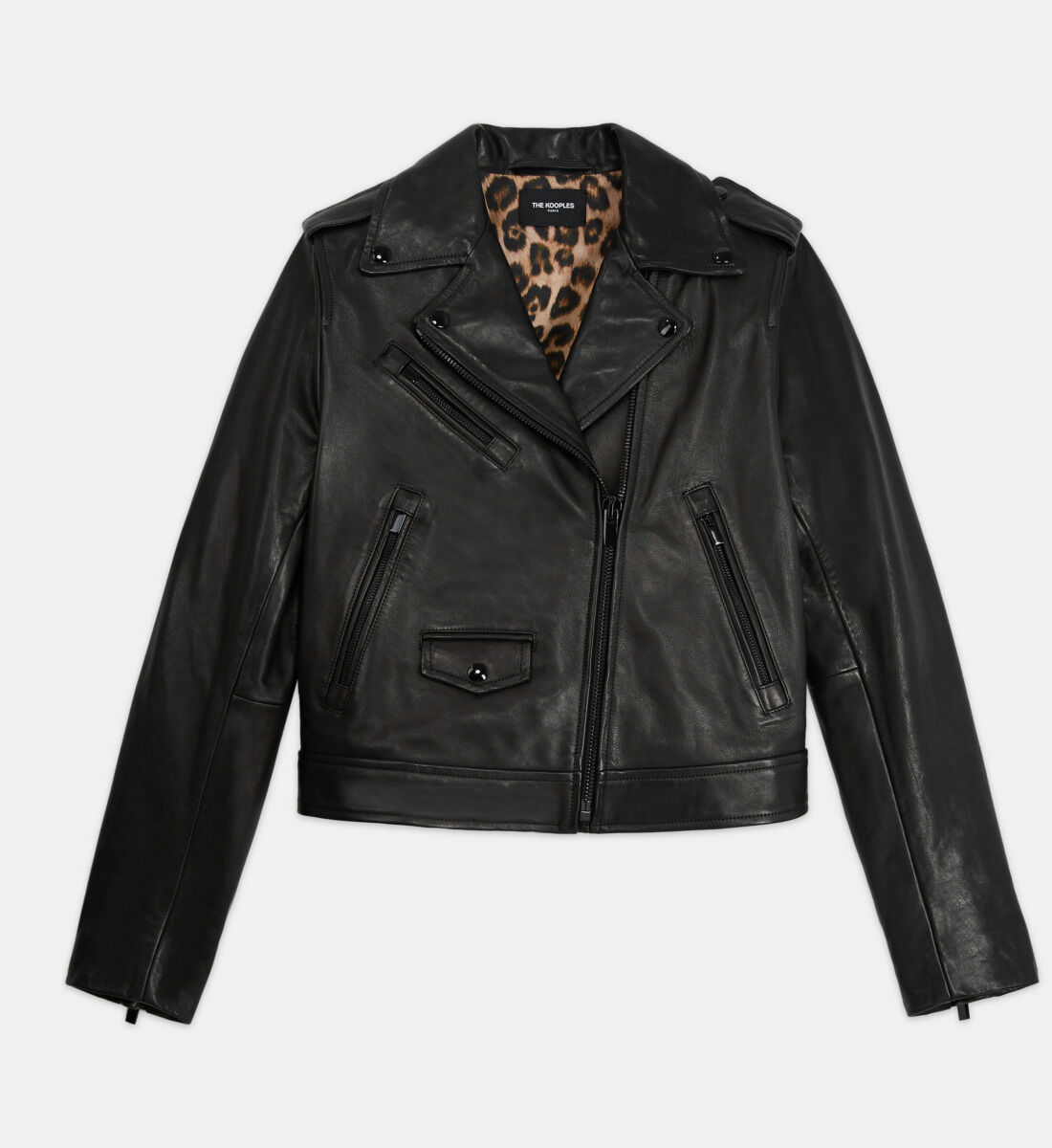Black leather jacket with leopard lining