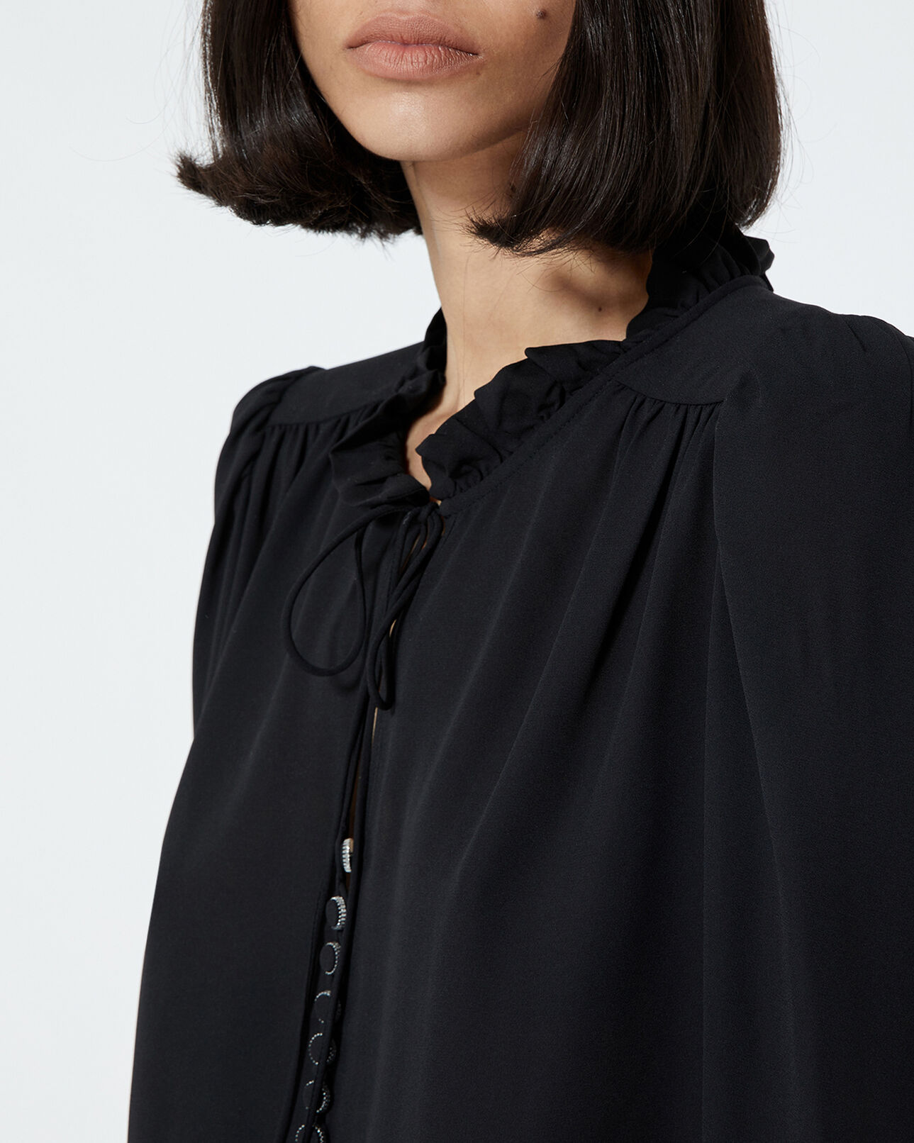 The Kooples DAMEN BLACK fließendes schwarzes hemd mit volants