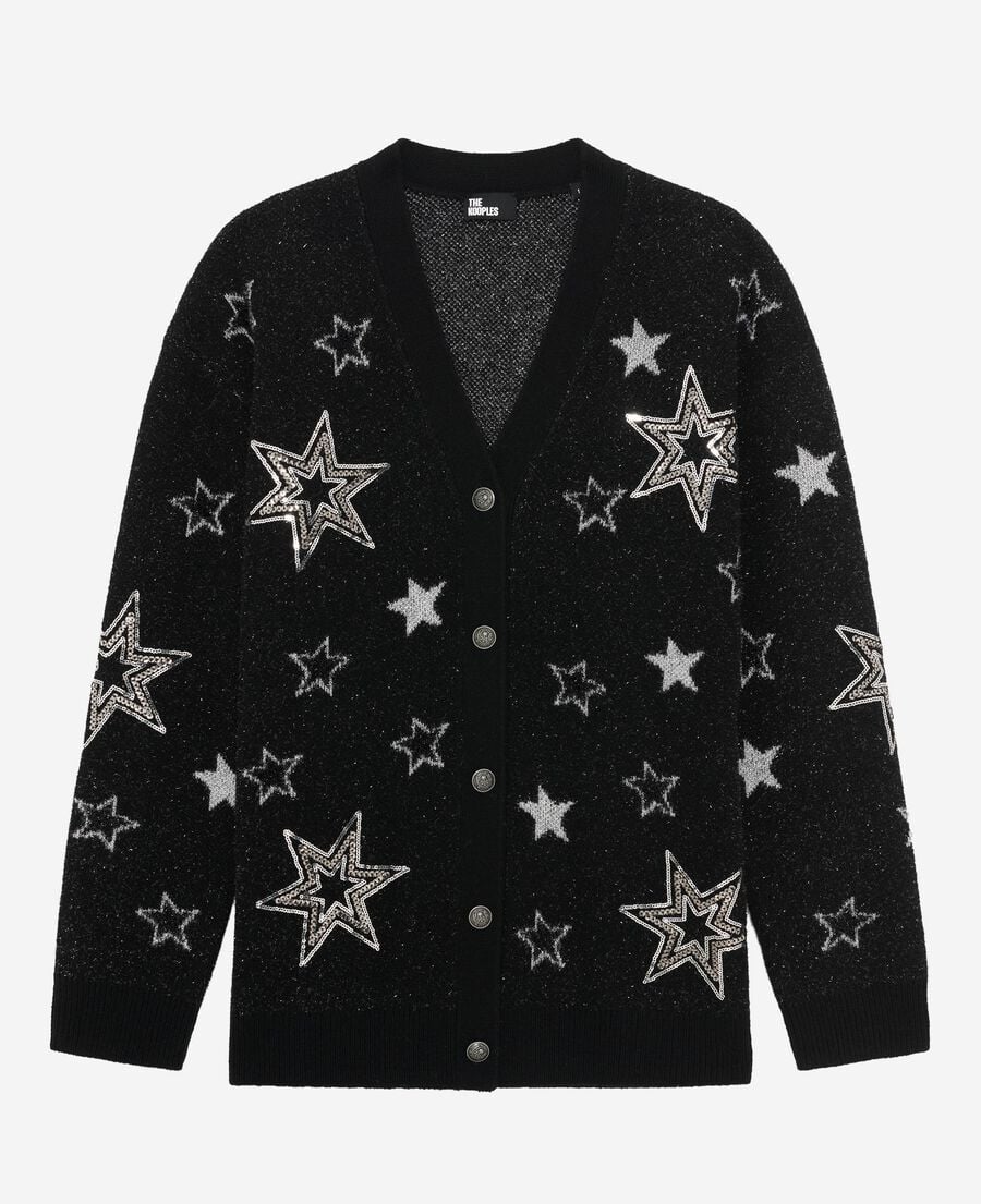 The Kooples FEMME BLACK cardigan en laine motif étoiles à sequins noir